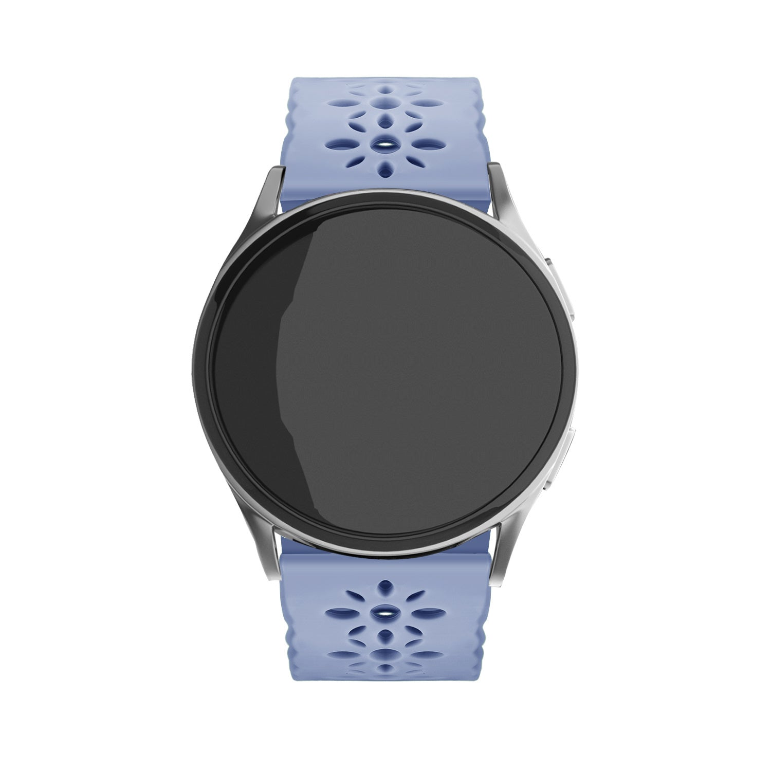 Eine runde Smartwatch mit schwarzem Bildschirm und hellblauen perforierten Armbändern. Die Uhr hat ein silbernes Gehäuse, der Hintergrund ist weiß.