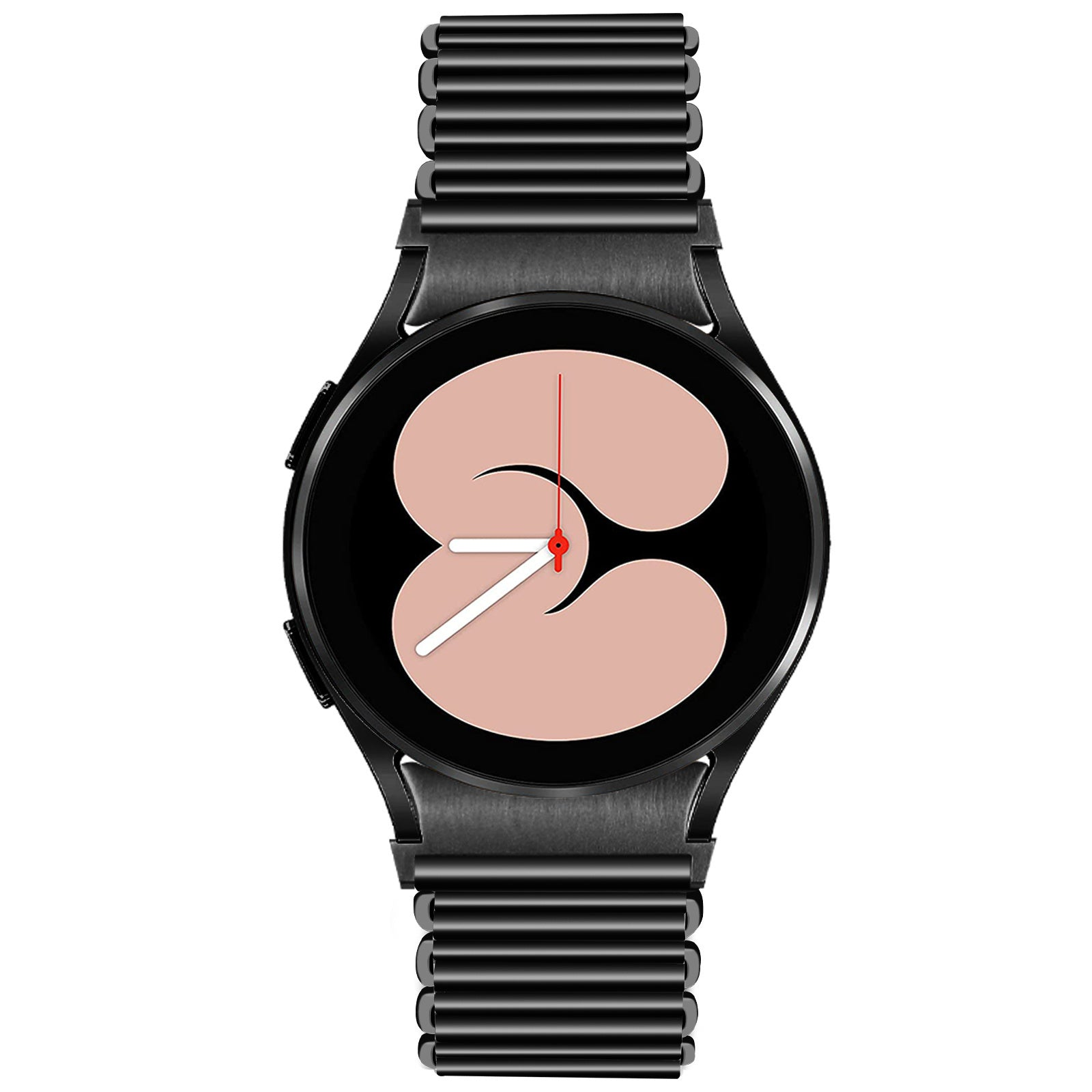 Eine schwarze Smartwatch mit einem schwarzen Metallarmband. Das Zifferblatt hat einen hellrosa Hintergrund mit weißen und roten Zeigern.