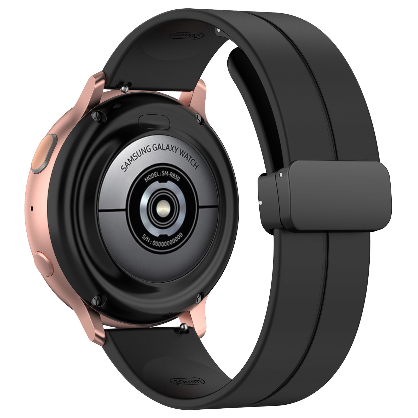 Eine Samsung Galaxy Watch mit roségoldenem Gehäuse und schwarzem Armband. Die Rückseite zeigt Modell- und Seriennummer.