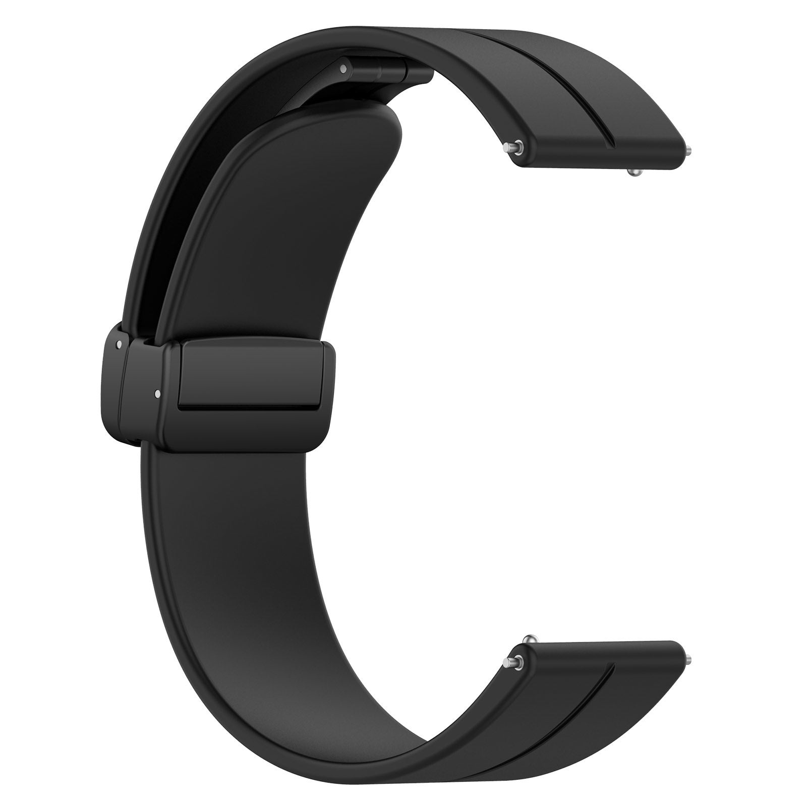 Schwarzes Uhrenarmband, C-förmig, mit Verschluss und Metallstiften zur Befestigung, freigestellt auf weißem Hintergrund.