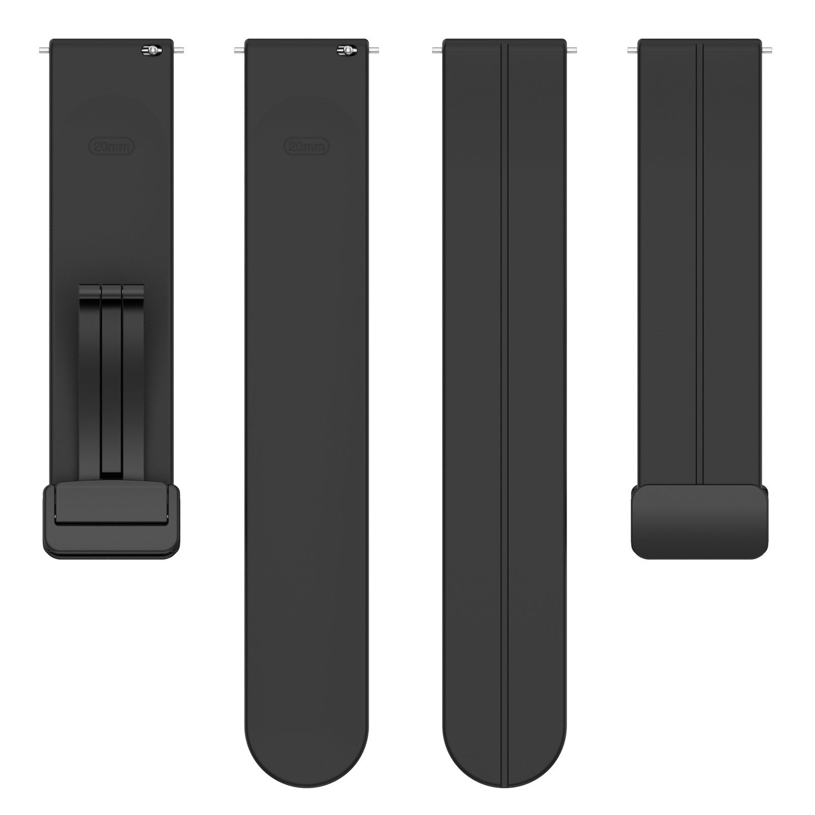 Schwarze Uhrenarmbänder, vier Teile, vertikal auf weißem Hintergrund angeordnet. Zwei Armbänder haben Stiftschnallen.