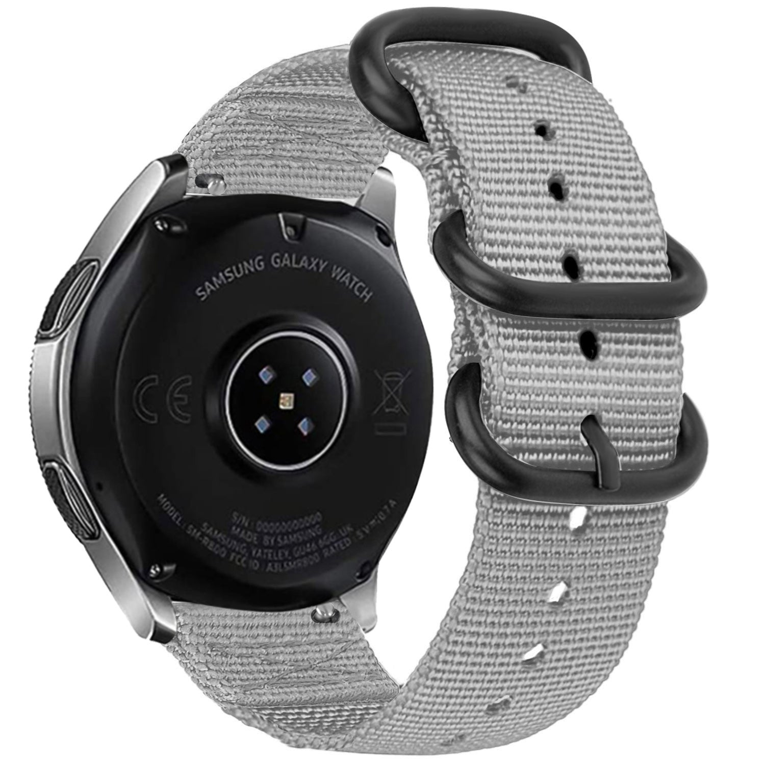 Eine Samsung Galaxy Uhr mit grauem Armband. Das Zifferblatt ist schwarz mit Branding-Details. Das Armband hat schwarze Schnallen und Löcher.