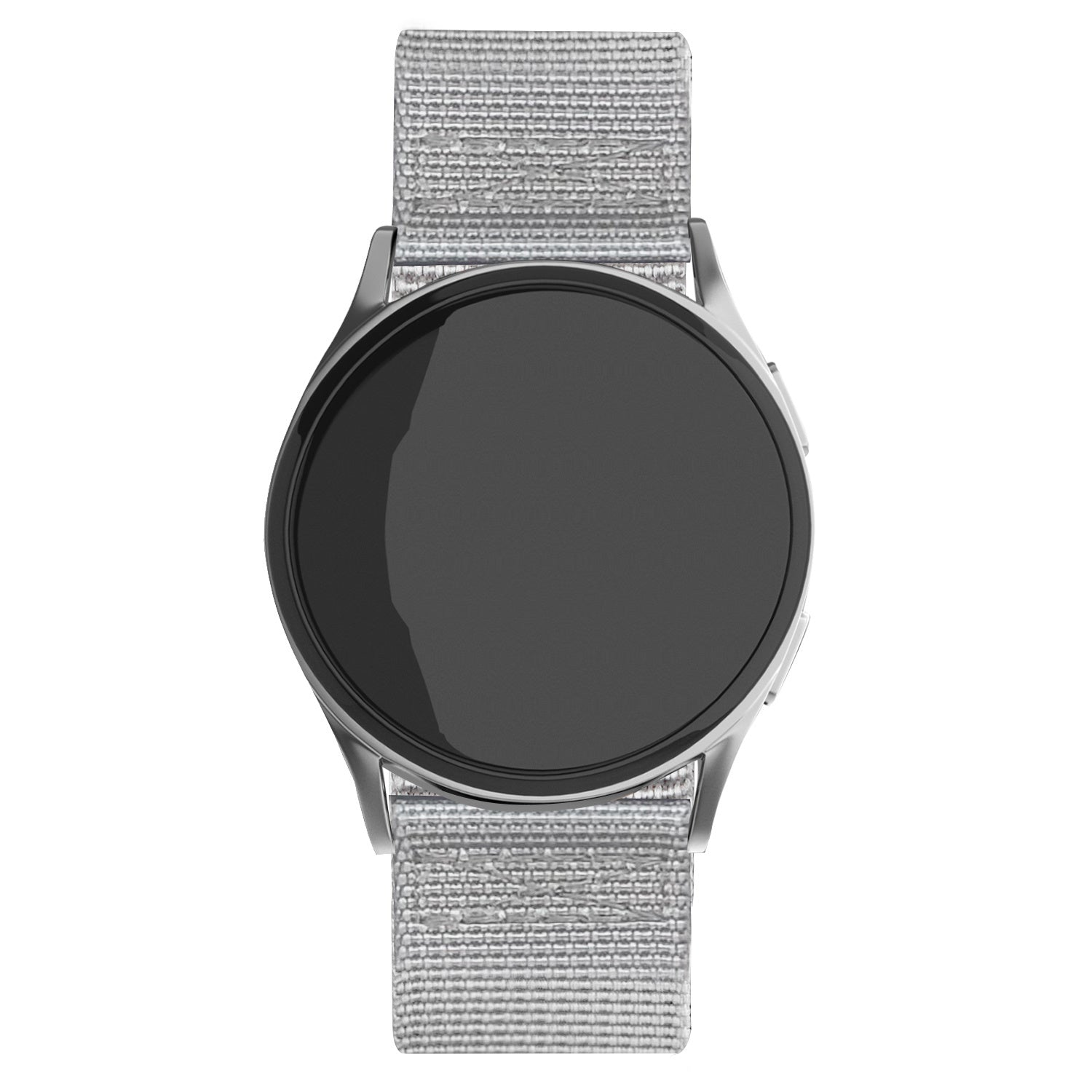 Eine silberne Smartwatch mit schwarzem kreisförmigem Bildschirm und grauen Stoffbändern ist mittig vor weißem Hintergrund.
