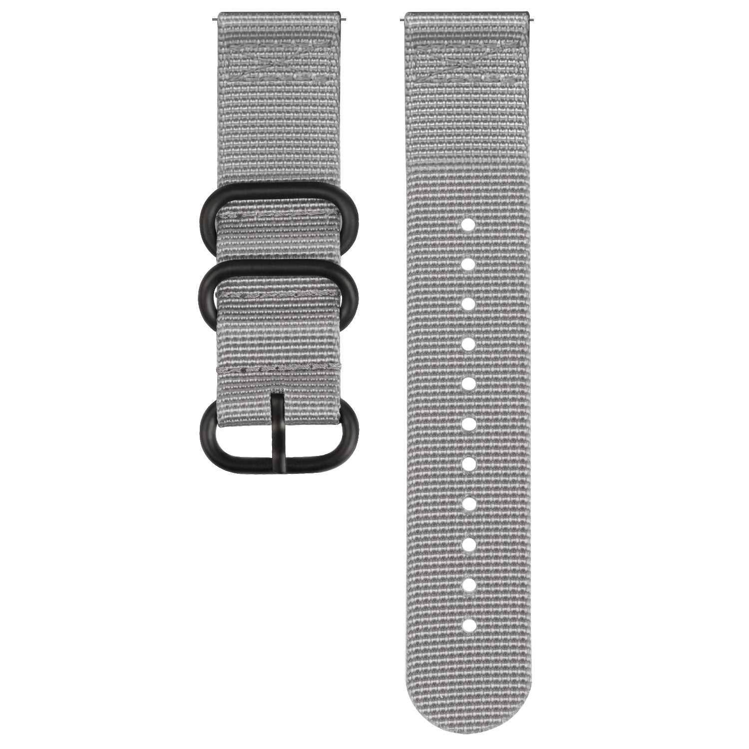 Ein graues Uhrenarmband mit schwarzer Metallbeschlägen. Ein Teil hat Löcher, der andere eine Schnalle und drei Schlaufen. Weißer Hintergrund.