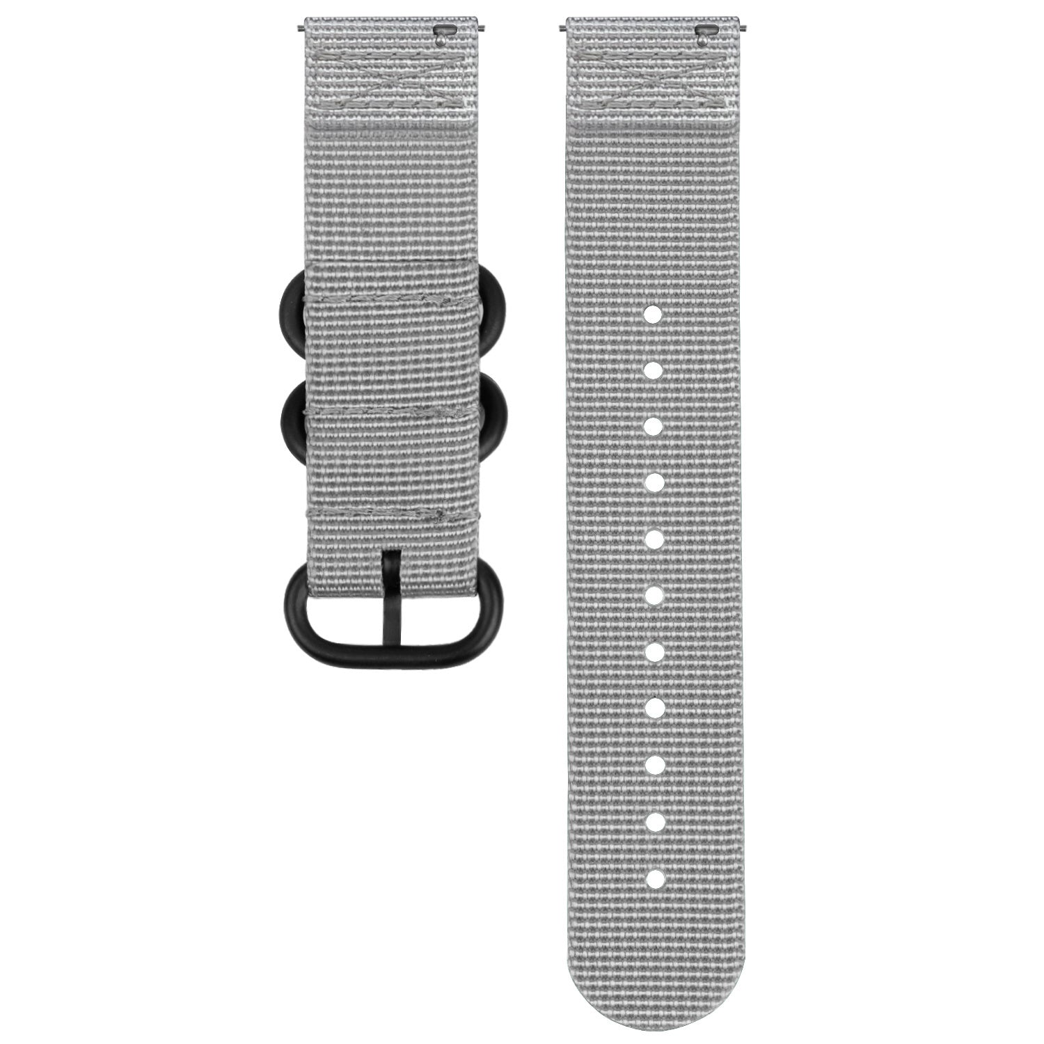 Ein graues Uhrenarmband mit schwarzen Metallschnallen und -schnalle. Das Armband hat mehrere Löcher und eine strukturierte Oberfläche.