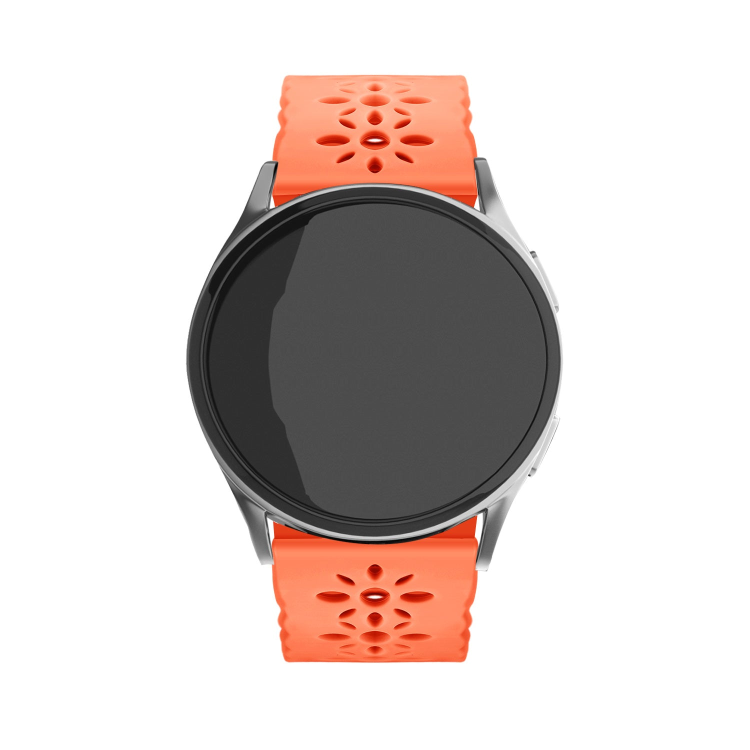 Eine Smartwatch mit schwarzem Bildschirm und orangefarbenem Armband. Das Armband hat florale Aussparungen. Die Uhr ist silberfarben.