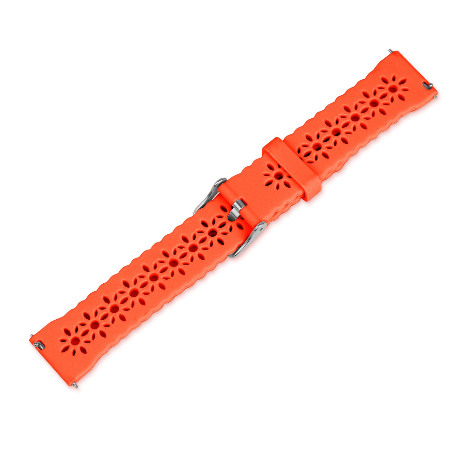 Ein orangefarbenes Uhrenarmband mit blütenförmigen Aussparungen, einer Metallschnalle und Stiften, vor weißem Hintergrund.