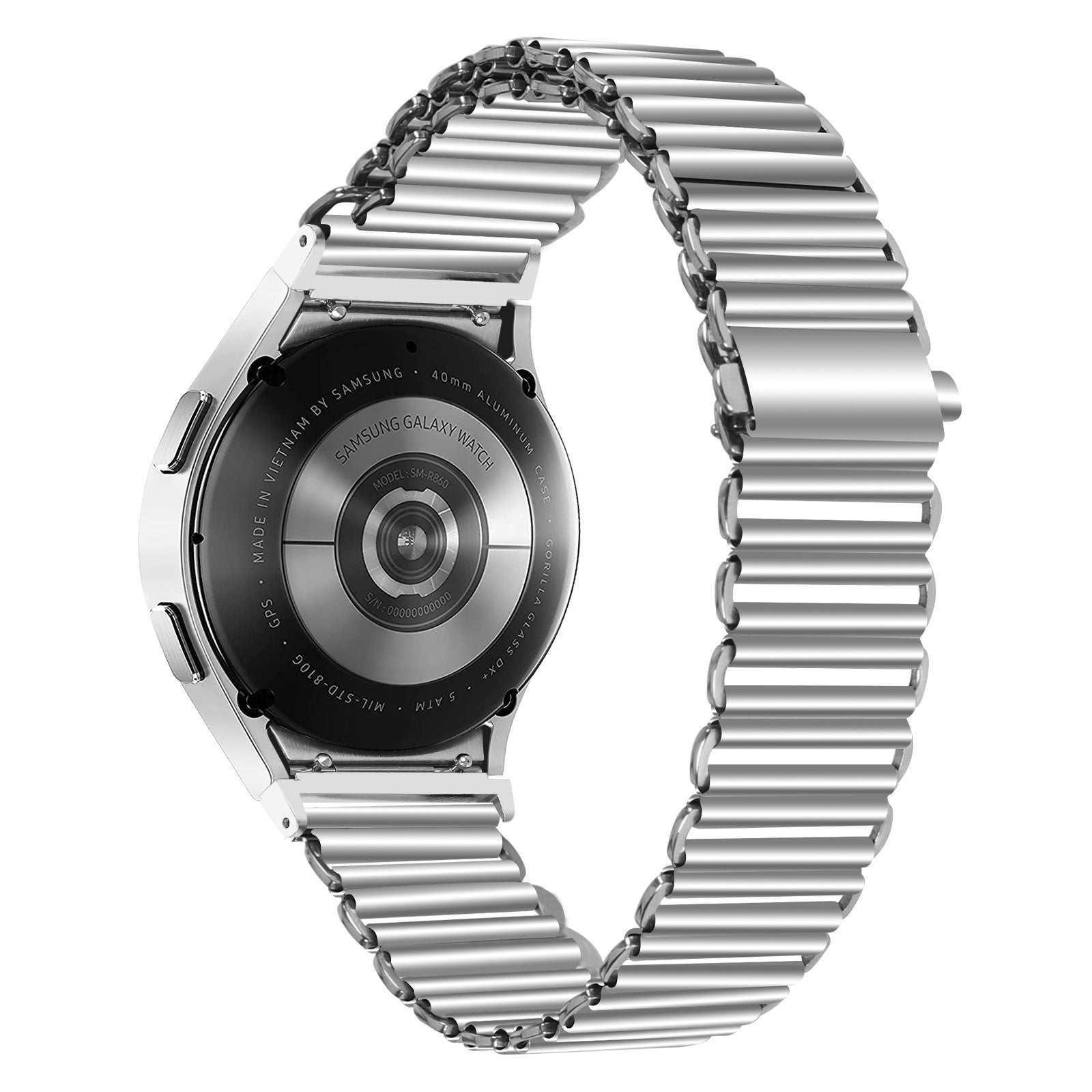 Silberne Samsung Galaxy Watch mit Metallarmband. Die Uhr ist teilweise sichtbar und zeigt ihre Rückseite und das Armband.