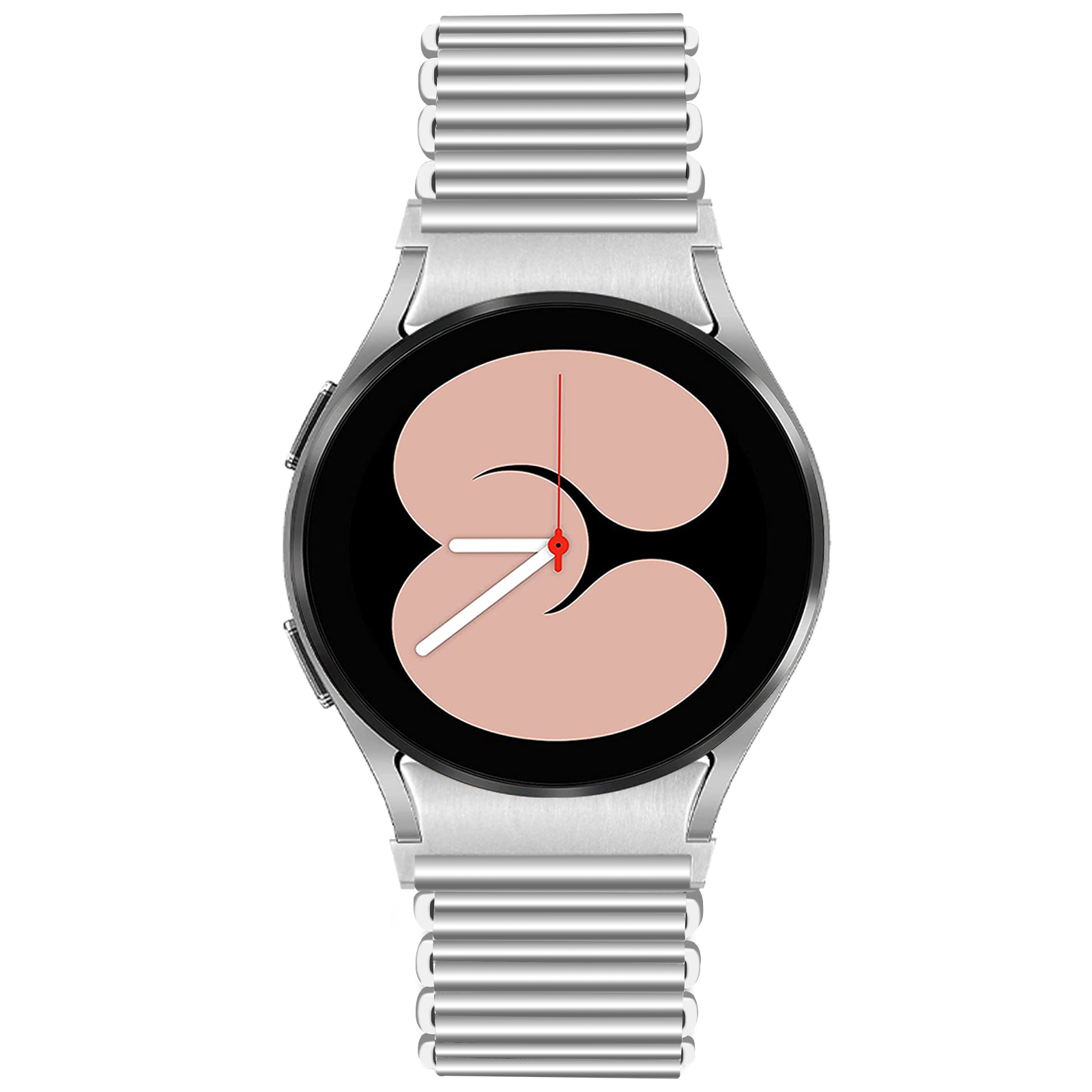 Eine silberne Smartwatch mit schwarzem Bildschirm, der ein hellrosa Design zeigt. Die Uhr hat ein silbernes Armband.