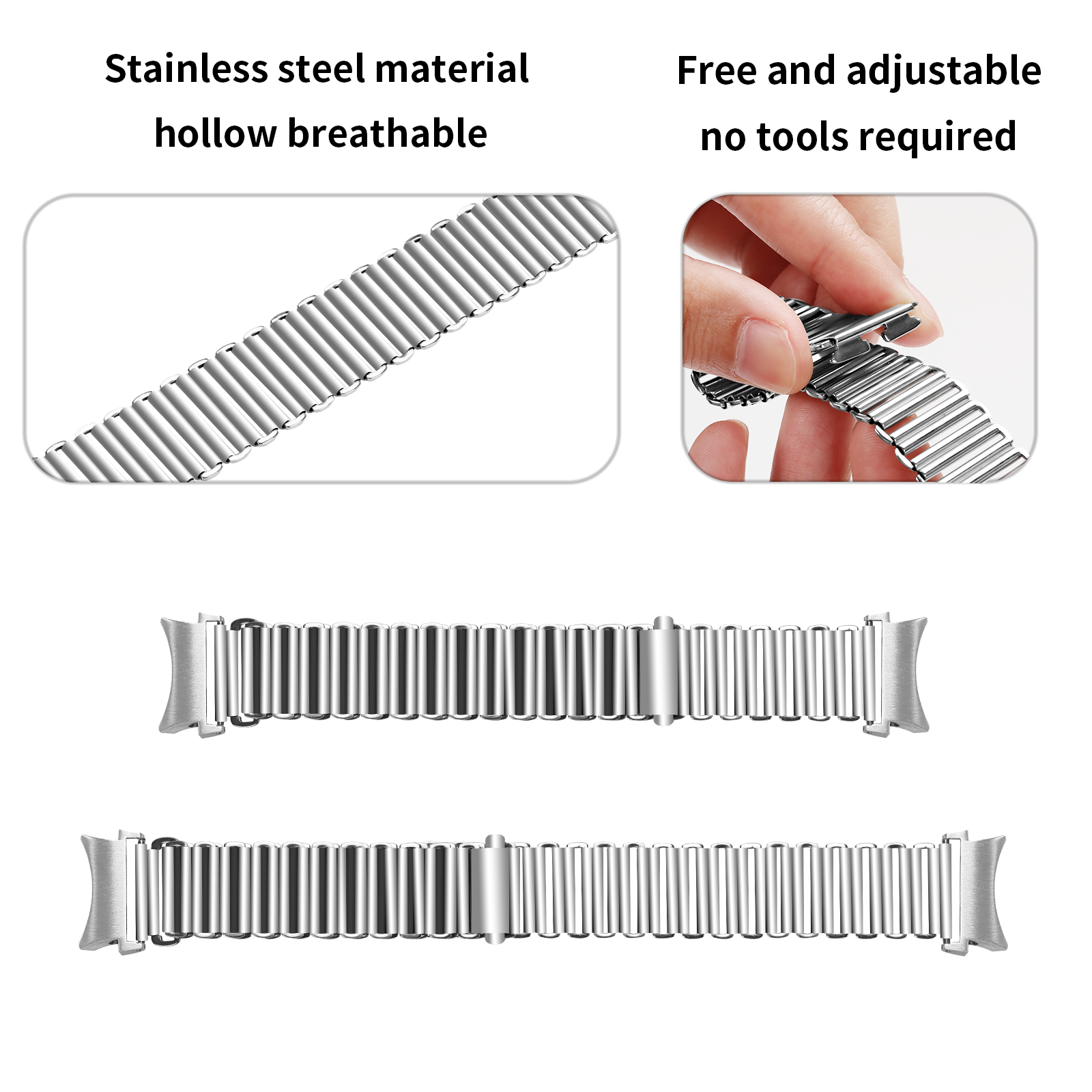Das Bild zeigt ein silbernes Metall-Uhrenarmband. Details zeigen Nahaufnahmen des Bands und einer Hand, die es anpasst. Text zeigt Edelstahl.