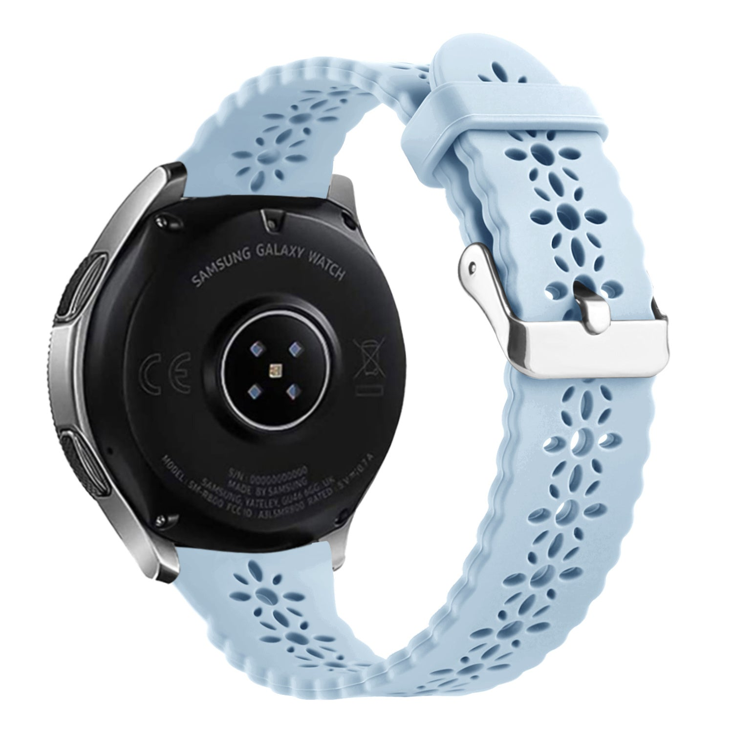 Eine Samsung Galaxy Watch mit hellblauem, perforiertem Silikonarmband. Die Uhr ist schwarz und silber. Das Band hat Blumenausschnitte.
