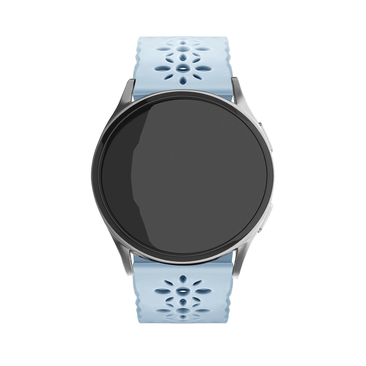 Eine Smartwatch mit schwarzem Bildschirm und hellblauen Armbändern mit floralem Muster. Die Uhr hat eine silberne Lünette und einen weißen Hintergrund.