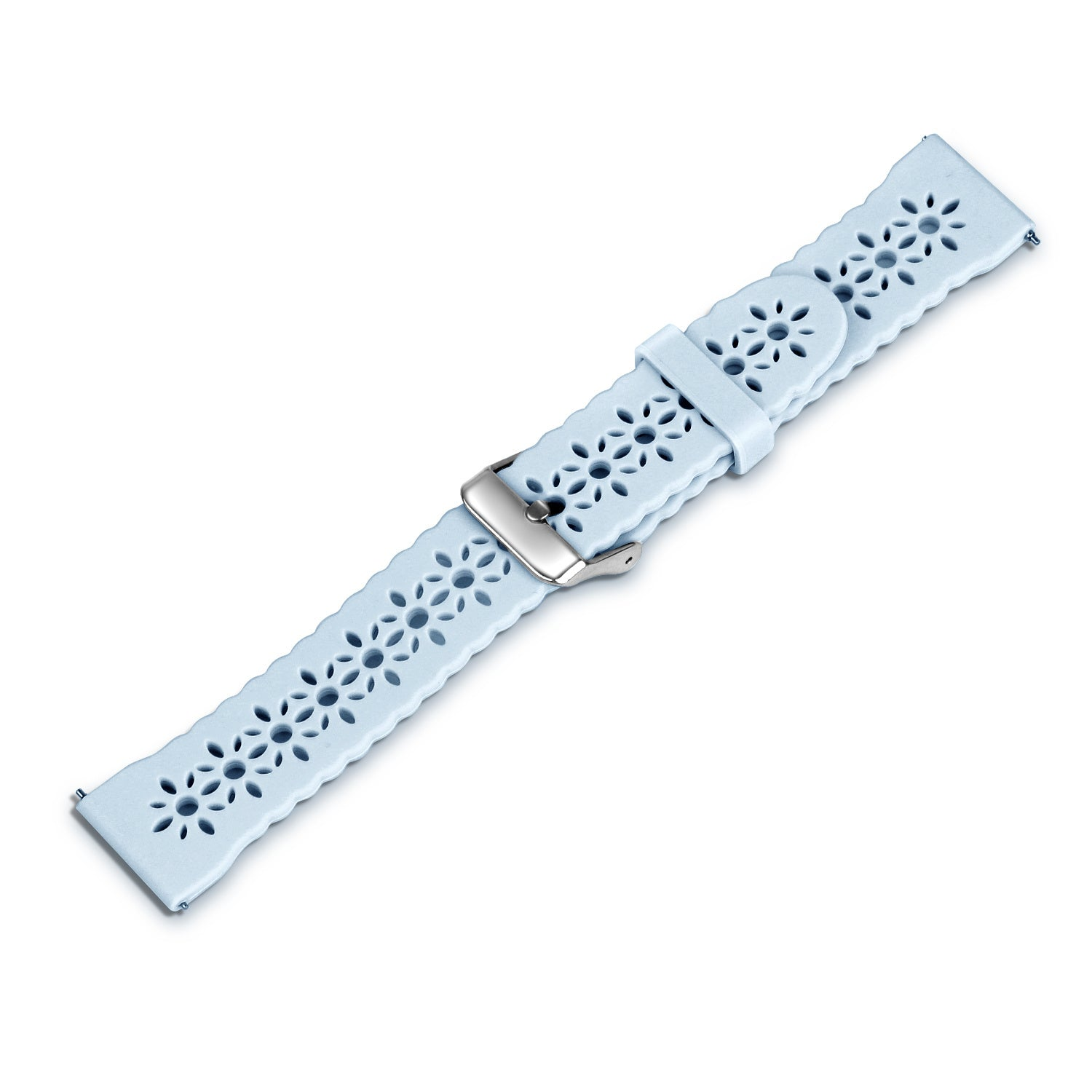Ein hellblaues Uhrenarmband mit floralem Muster und silberner Schnalle liegt auf weißem Untergrund.