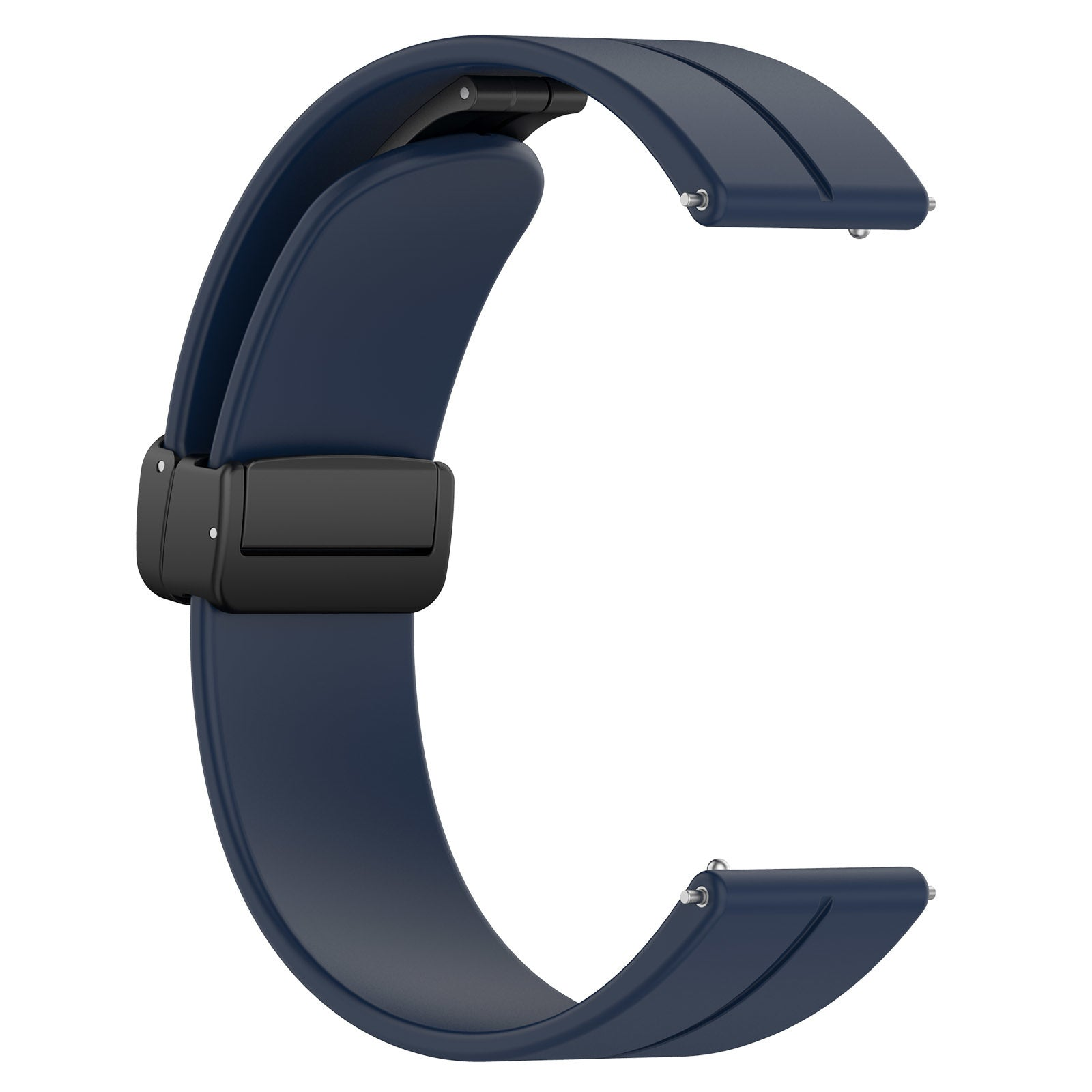 Ein dunkelblaues Uhrenarmband mit schwarzer Schließe. Es ist gebogen, mit Metallstiftdetails an jedem Ende zur Befestigung. Weißer Hintergrund.