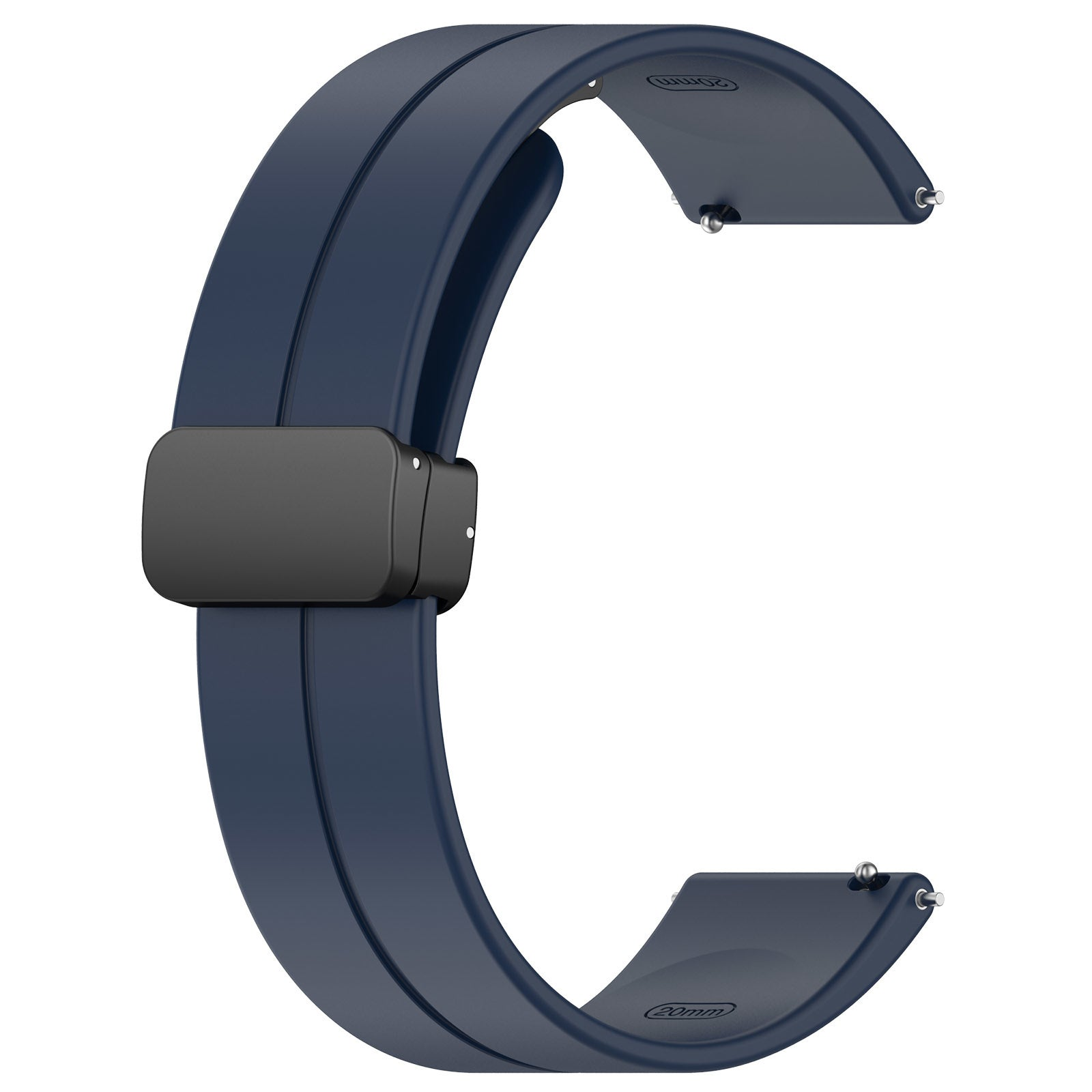 Dunkelblaues Uhrenarmband mit schwarzer Schnalle. Das Armband hat ein gebogenes Design und wird vor weißem Hintergrund gezeigt.