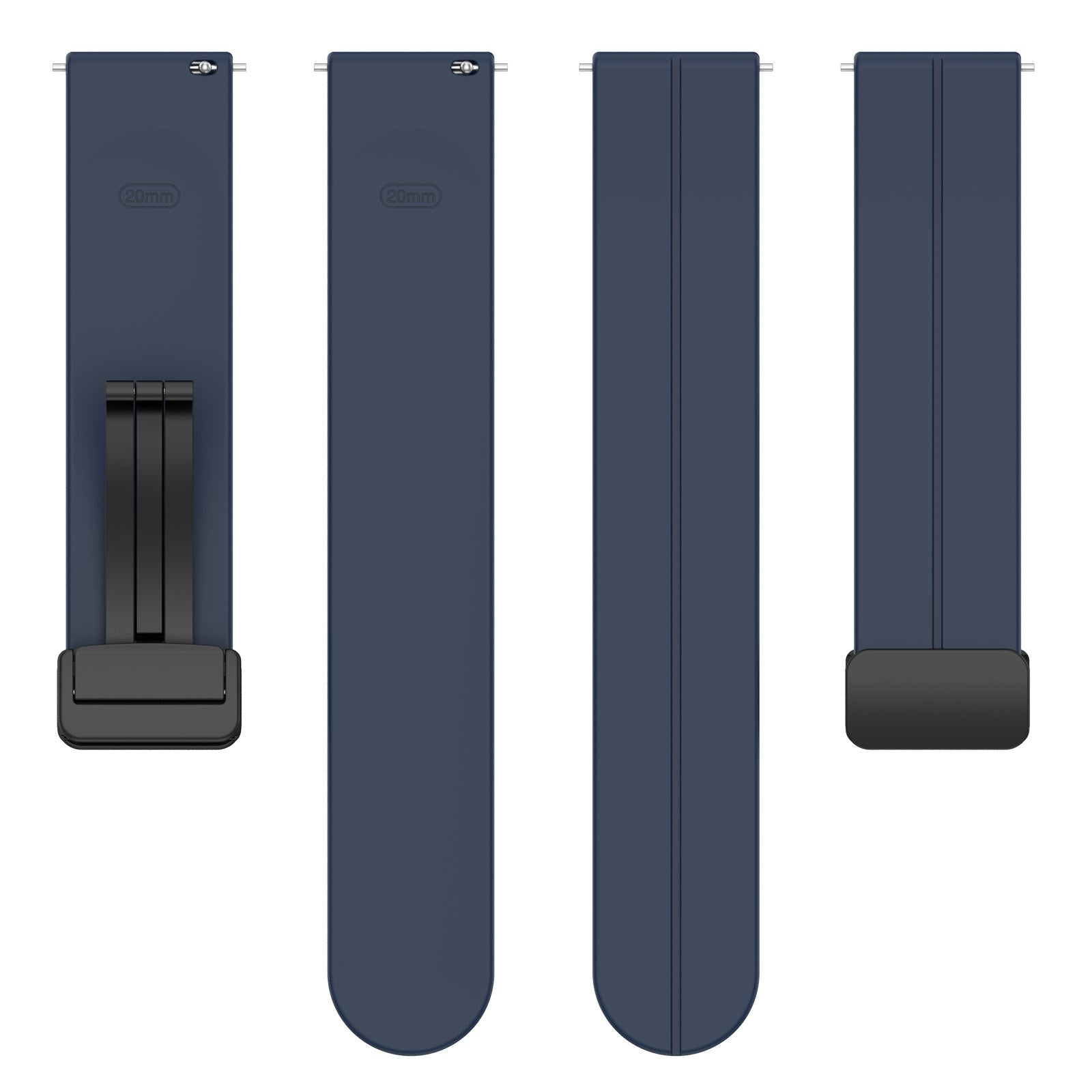 Vier blaue Uhrenarmbänder auf weißem Hintergrund. Eines hat eine schwarze Schließe. Zwei sind schlicht. Eines hat eine schwarze Schnalle.