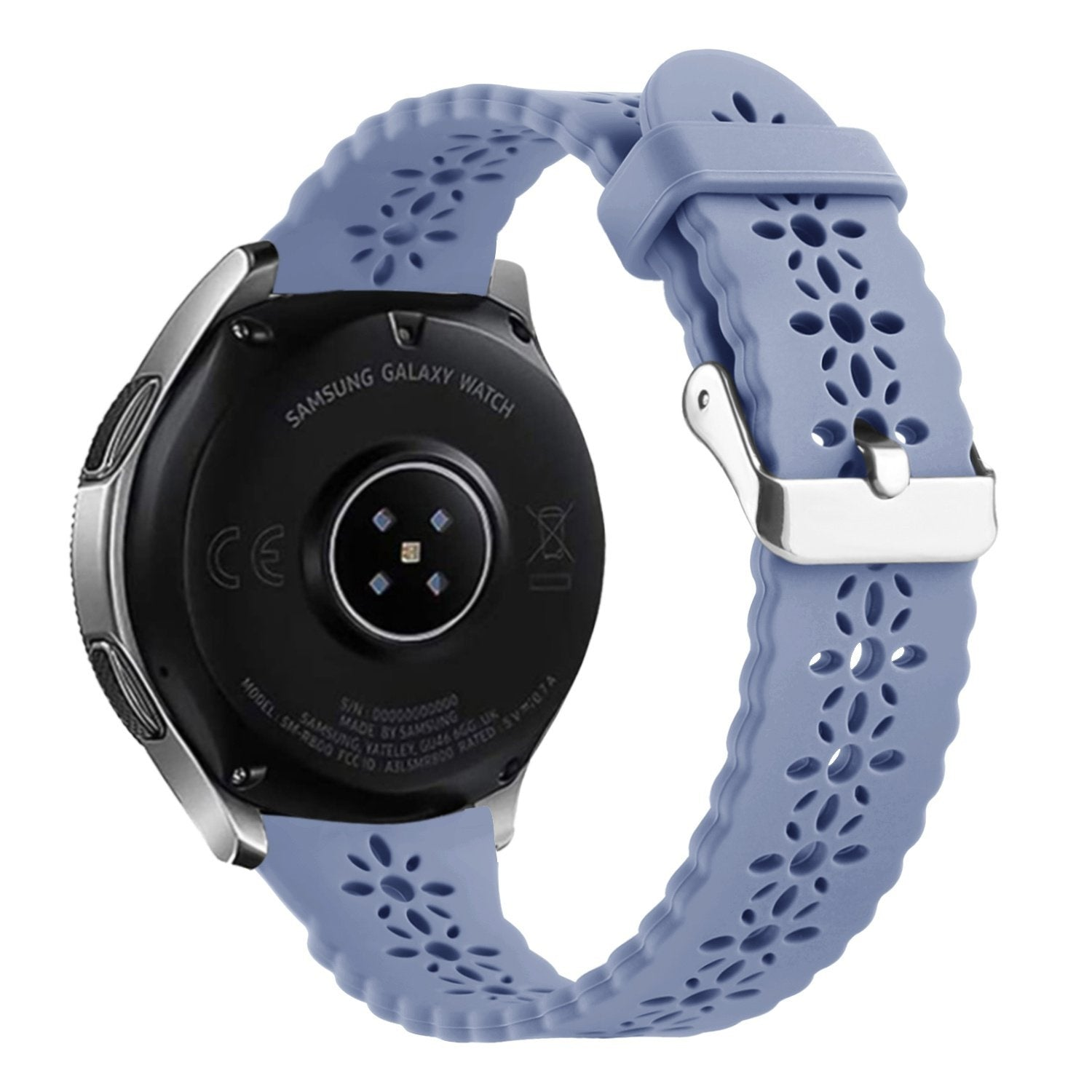 Eine Samsung Galaxy Watch mit hellviolettem Armband. Das Armband hat florale Ausschnitte und einen Metallverschluss. Die Rückseite der Uhr ist schwarz.