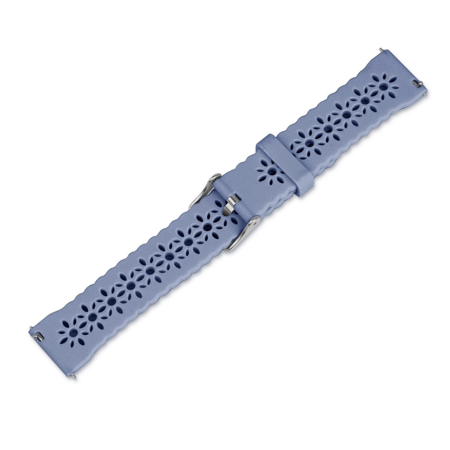 Helllila Uhrenarmband mit Blumenmuster, Edelstahlschnalle und Stiftanschlüssen, vor weißem Hintergrund.