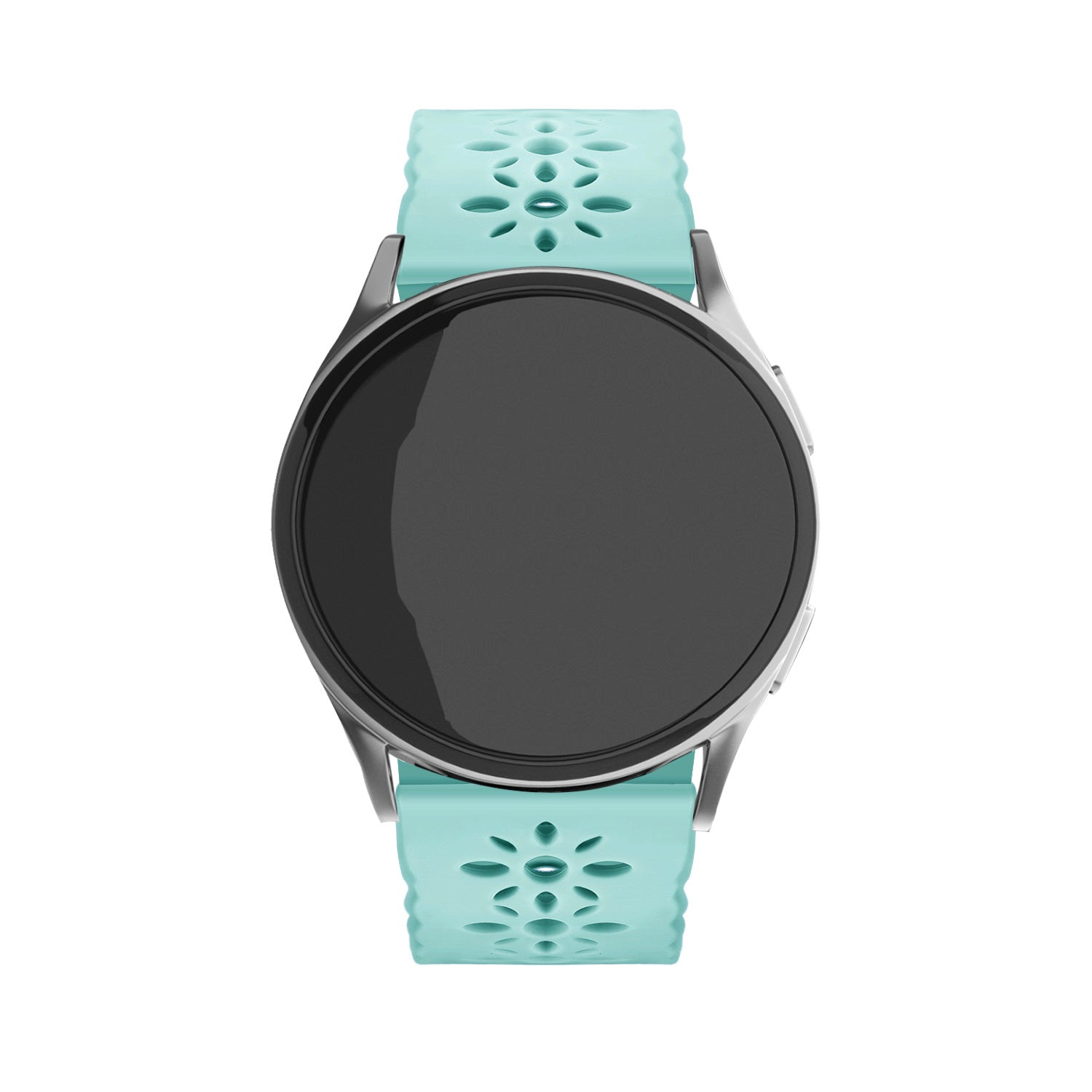 Eine runde Smartwatch mit schwarzem Bildschirm und hellblau perforiertem Armband. Silberner Rahmen. Isoliert auf weißem Hintergrund.