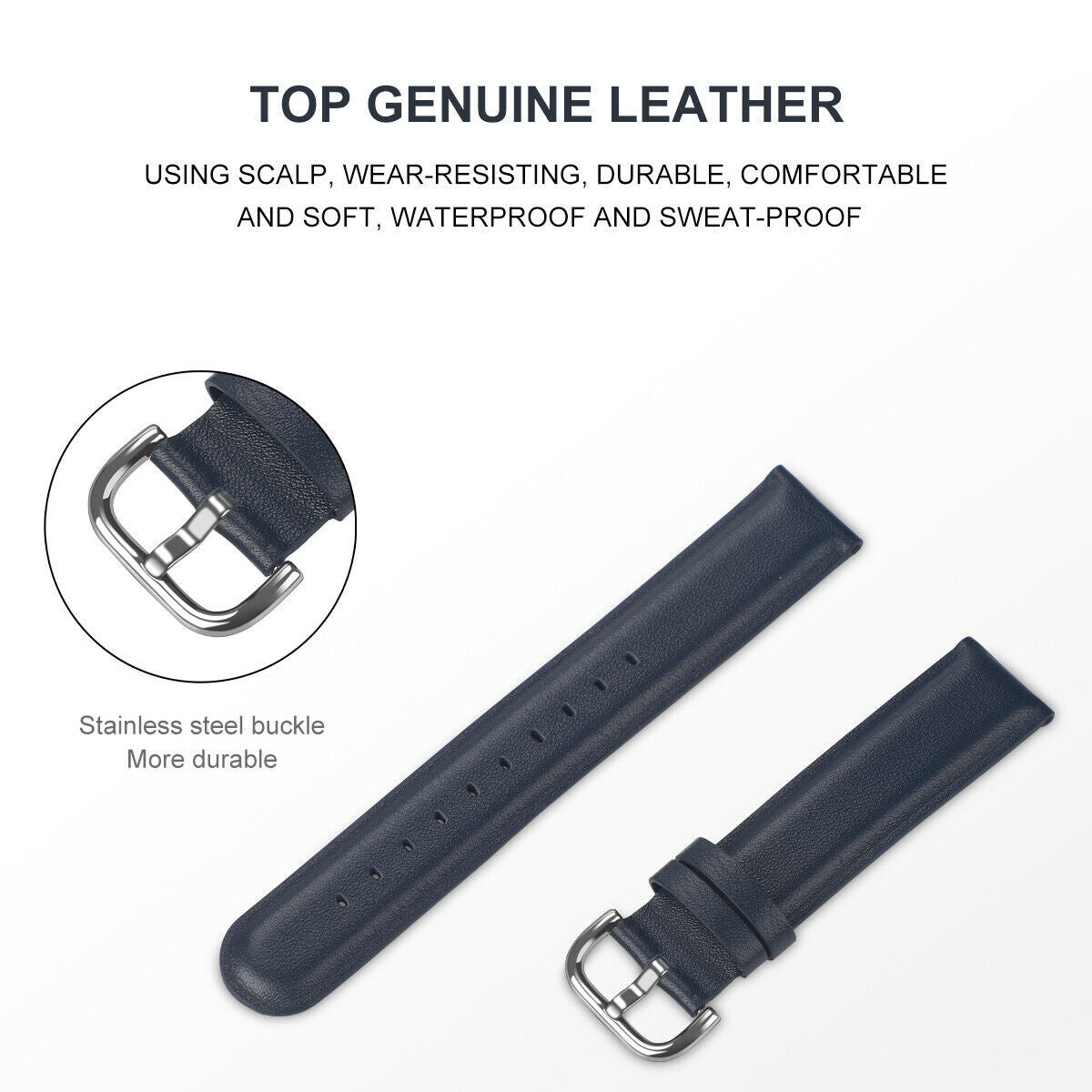 Zwei marineblaue Uhrenarmbänder mit Edelstahlschnallen. Oben steht 'Top Genuine Leather'.
