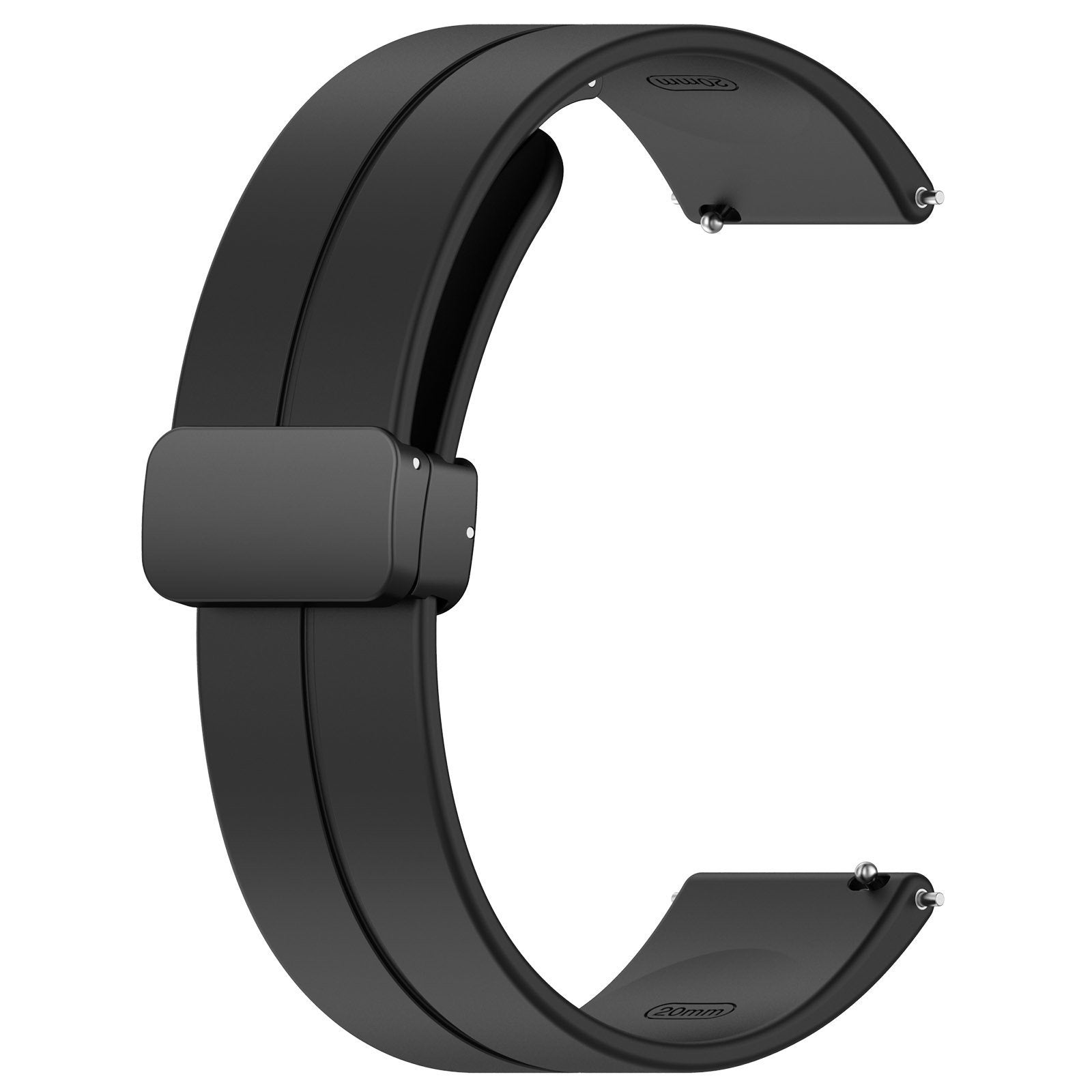 Ein schwarzes Armband in C-Form. Der Riemen hat eine Schnalle und Metallstifte. Es ist vor weißem Hintergrund.