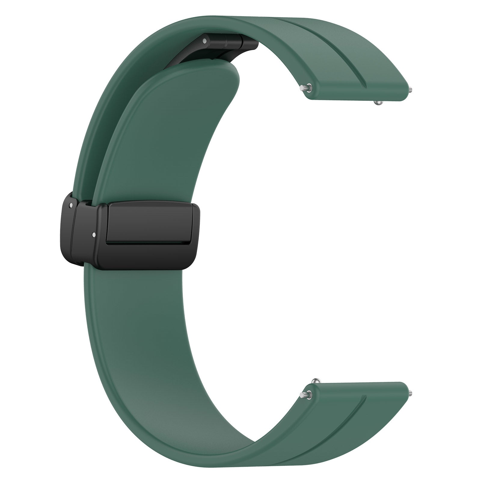 Ein grünes Armband in C-Form. Es hat einen schwarzen Verschluss und silberne Stifte zur Befestigung, vor weißem Hintergrund.