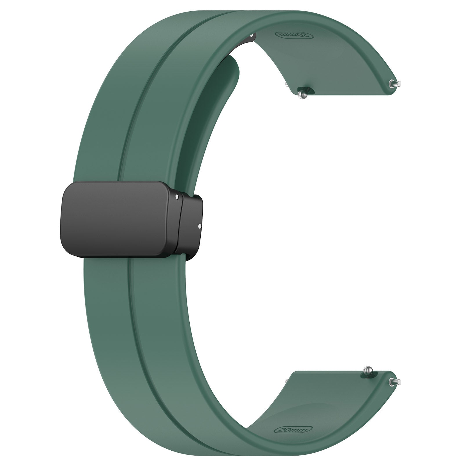 Ein grünes Uhrenarmband mit schwarzem Verschluss. Das Armband ist gebogen und hat an jedem Ende einen Metallstift. Der Hintergrund ist weiß.