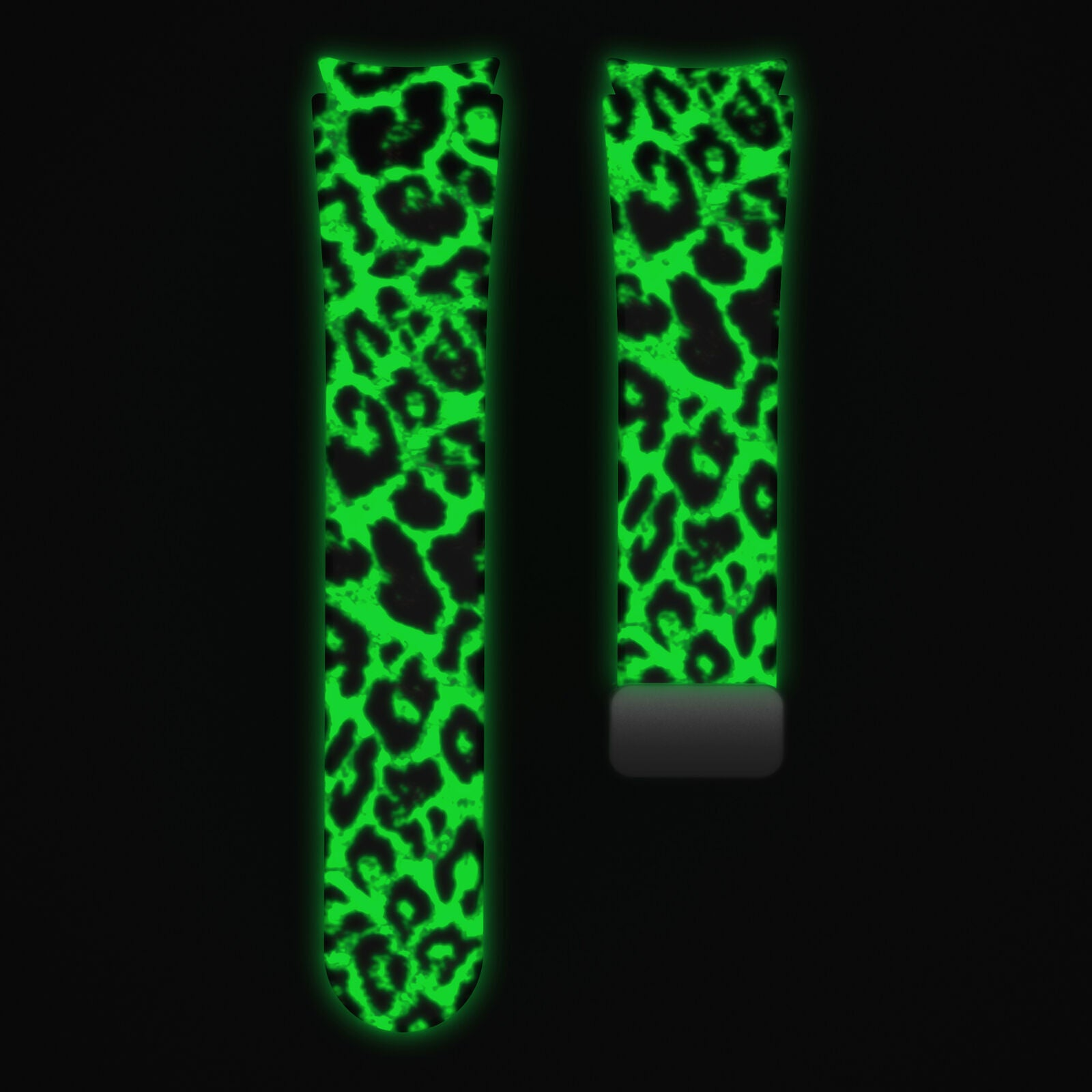 Zwei neongrüne Uhrenarmbänder mit schwarzen Leopardenflecken auf schwarzem Hintergrund.
