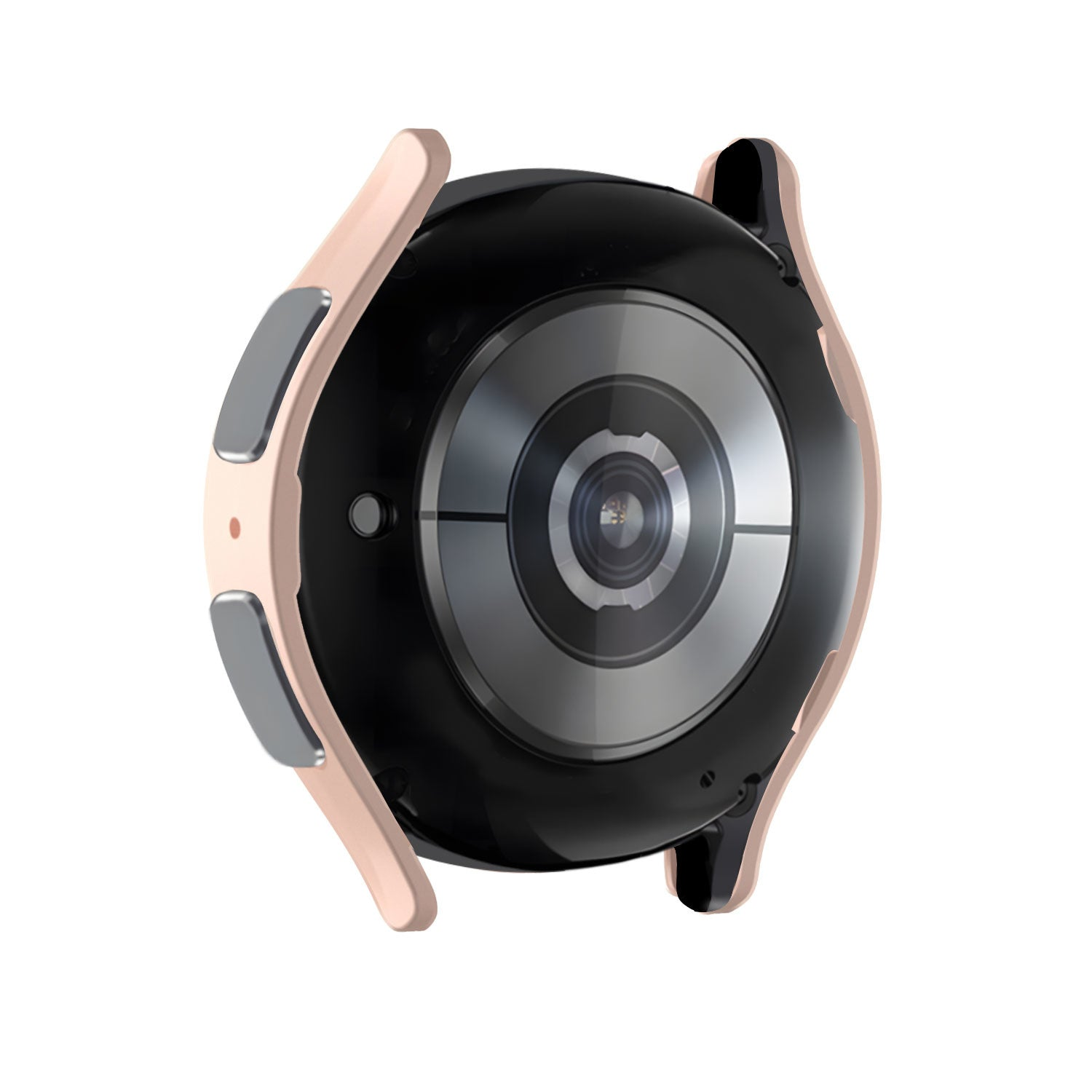 Nahaufnahme der Unterseite einer Smartwatch. Schwarzer, kreisförmiger Körper mit einem silbernen Sensor. Hellrosa Rahmen mit grauen Knöpfen auf weißem Hintergrund.