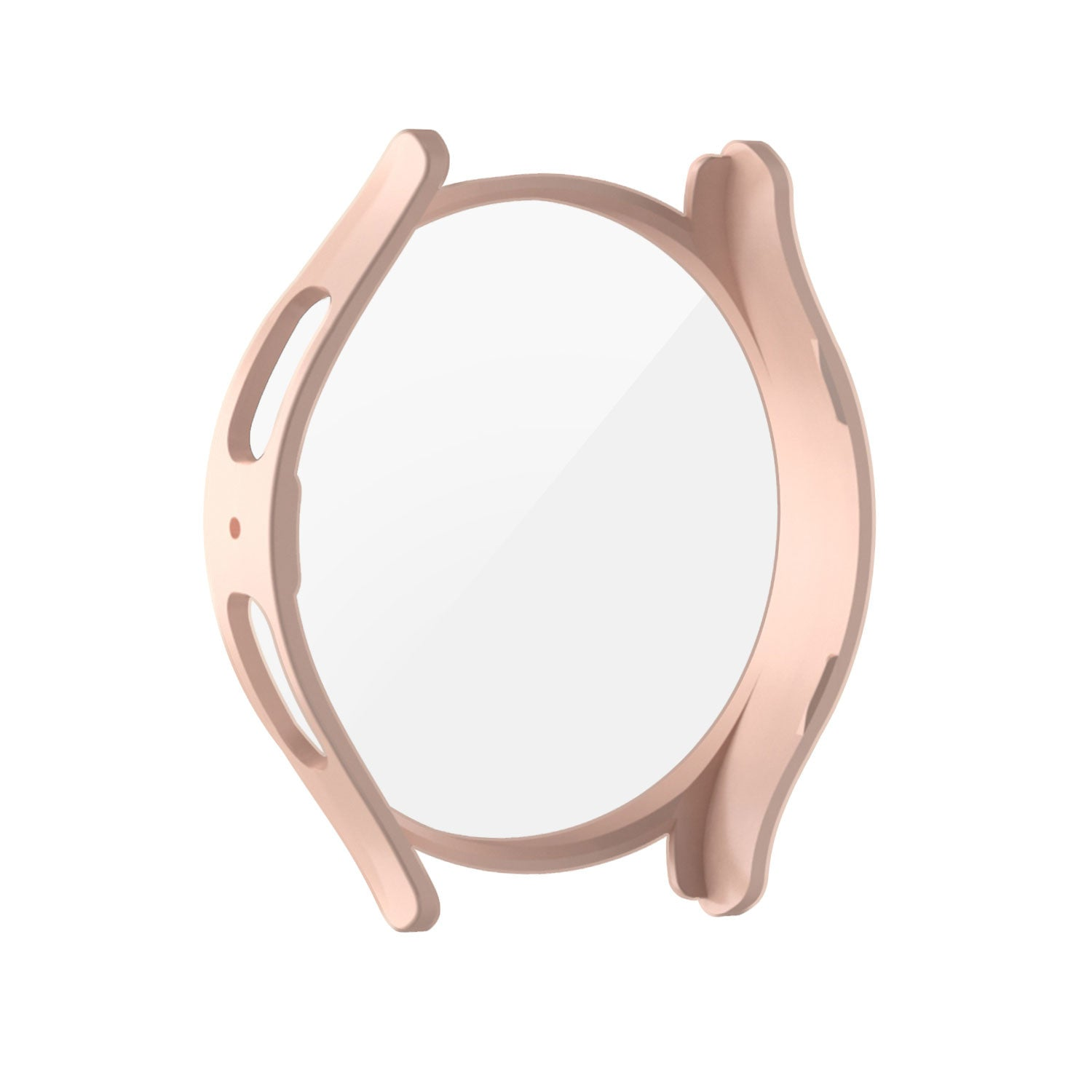 Ein roségoldenes Uhrengehäuse mit einem transparenten, kreisförmigen Bildschirmschutz. Das Gehäuse hat eine abgerundete Form mit Aussparungen.