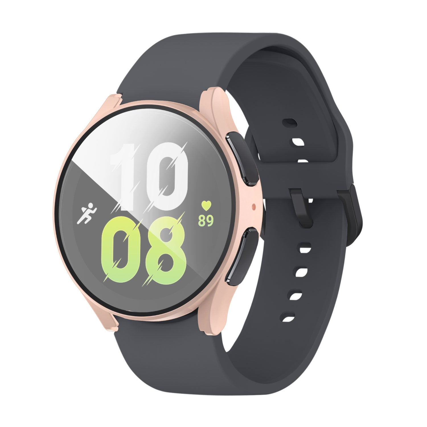 Eine Smartwatch mit grauem Armband und roségoldenem Zifferblatt. Das Display zeigt 10:08 und eine Herzfrequenz von 89.