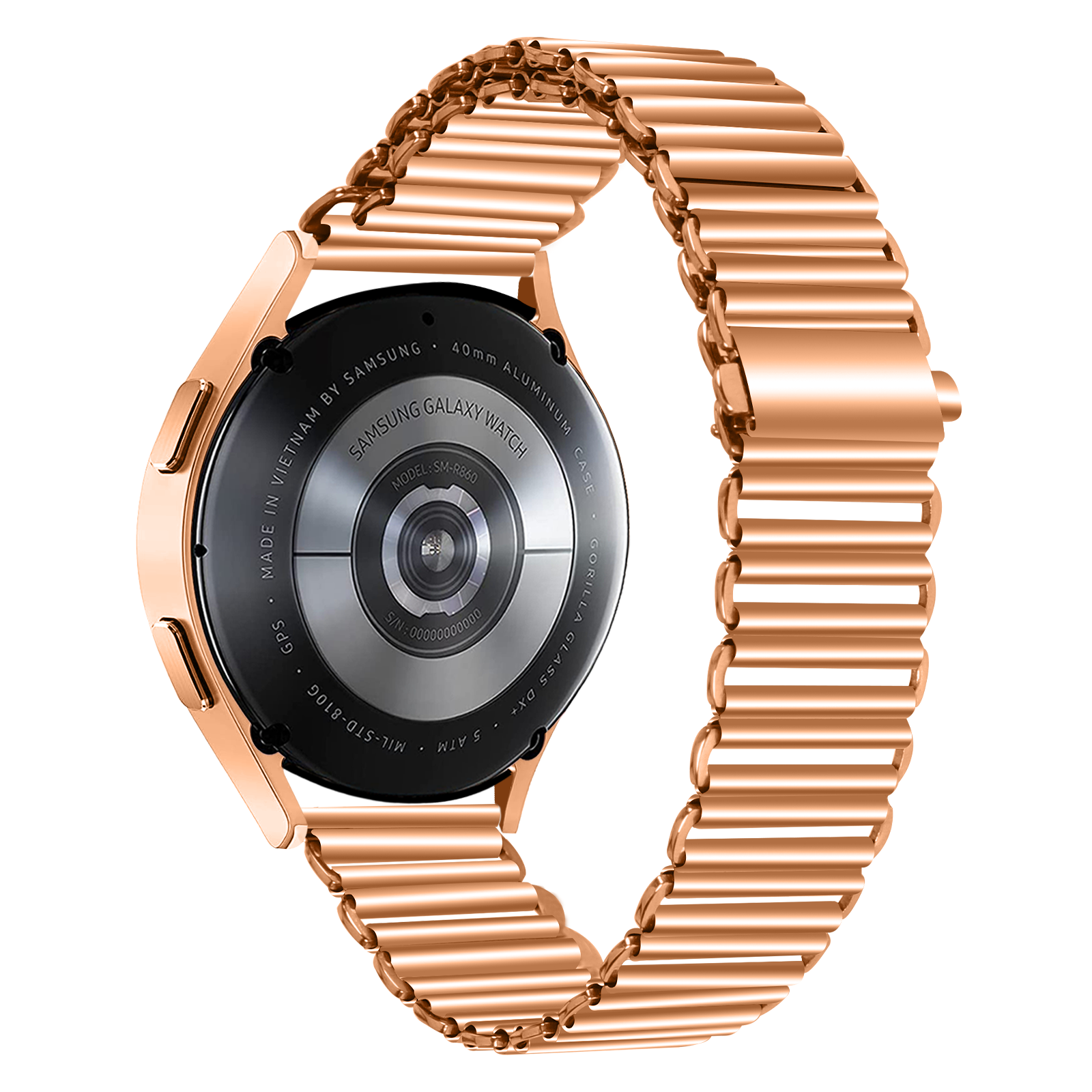 Roségoldene Samsung Galaxy Watch mit passendem Metallarmband. Das Zifferblatt ist schwarz und zeigt Modelldetails.