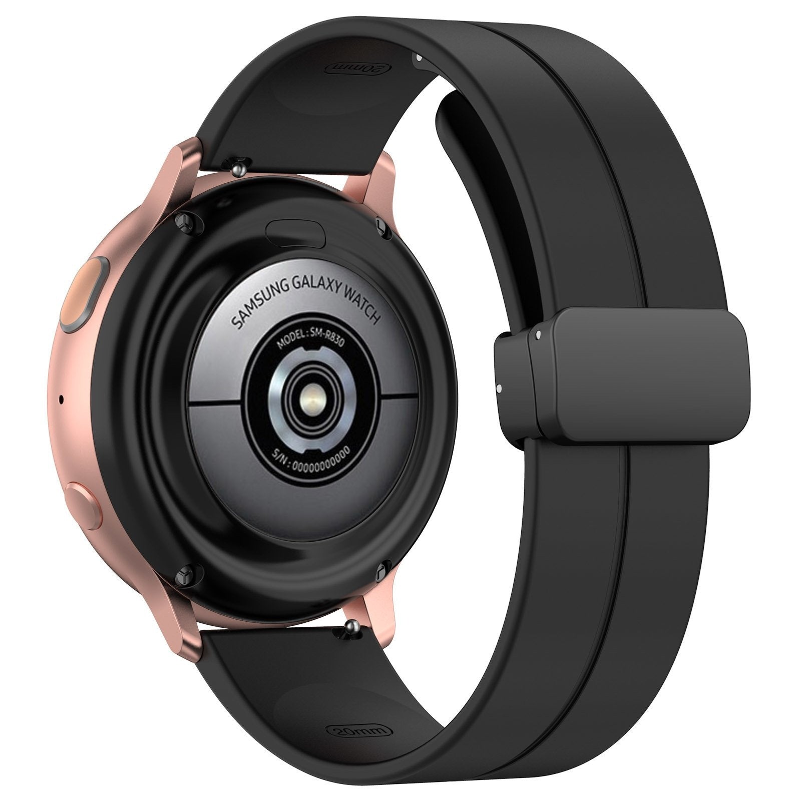 Eine Samsung Galaxy Watch, schwarzes Armband, roségoldenes Gehäuse. Die Rückseite zeigt Modell- und Seriennummerndetails.