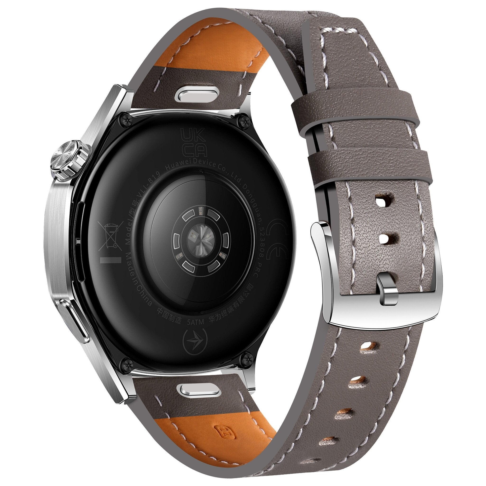 Nahaufnahme einer Smartwatch mit grauem Lederarmband. Die Unterseite der Uhr ist schwarz, mit Text und einem Herzfrequenzsensor.