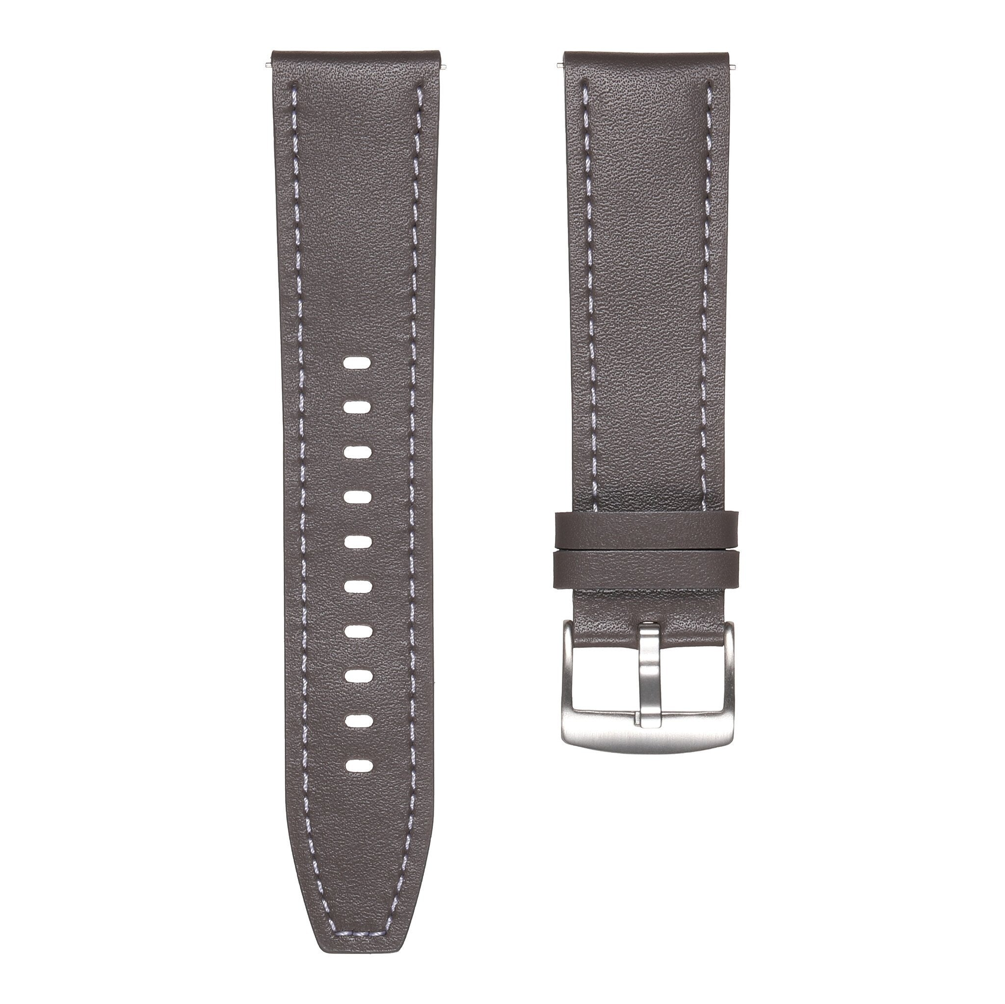 Zwei graue Leder-Uhrenarmbänder mit weißen Nähten auf weißem Hintergrund. Eines hat eine Schnalle.
