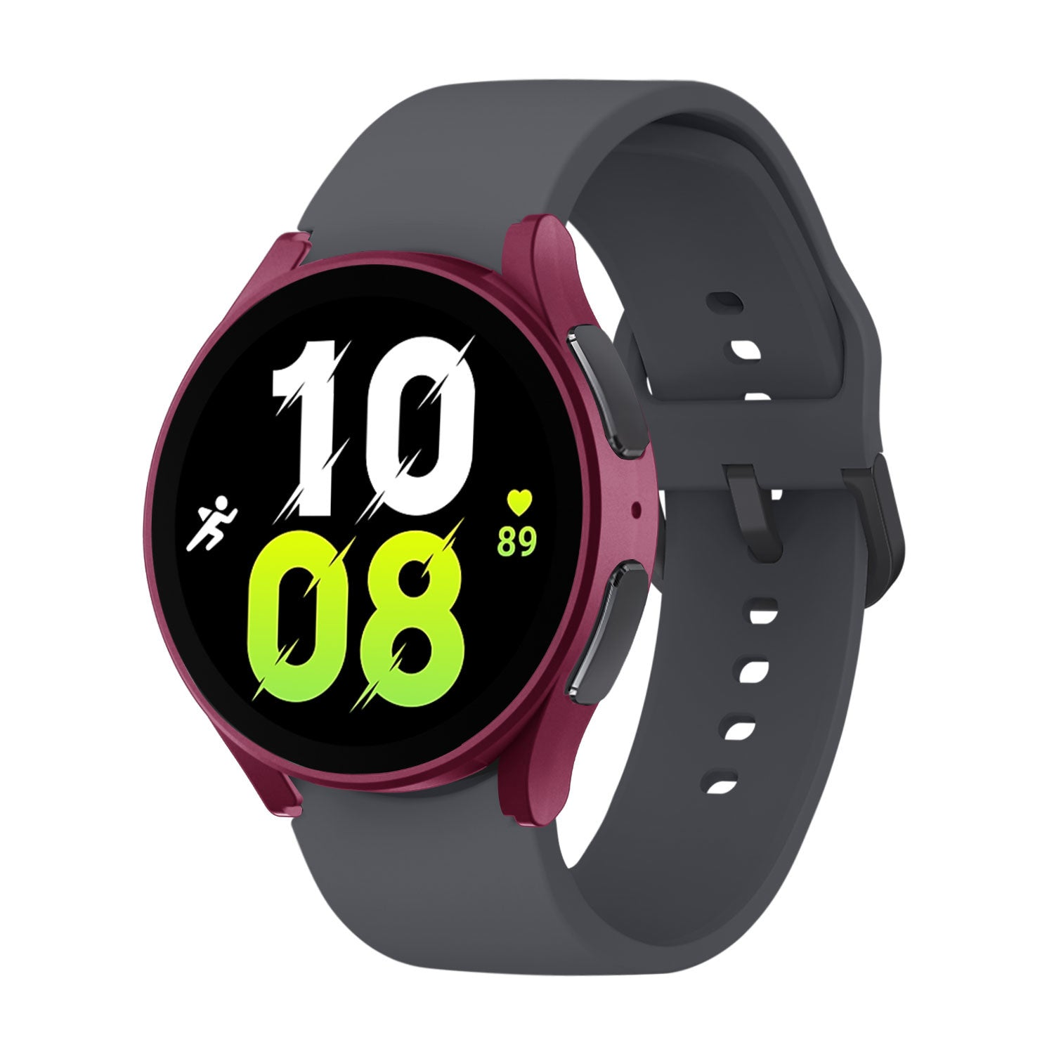 Eine Smartwatch mit grauem Armband und burgunderfarbener Lünette. Der Bildschirm zeigt Zeit und Herzfrequenz. Die Uhr ist auf weißem Hintergrund.
