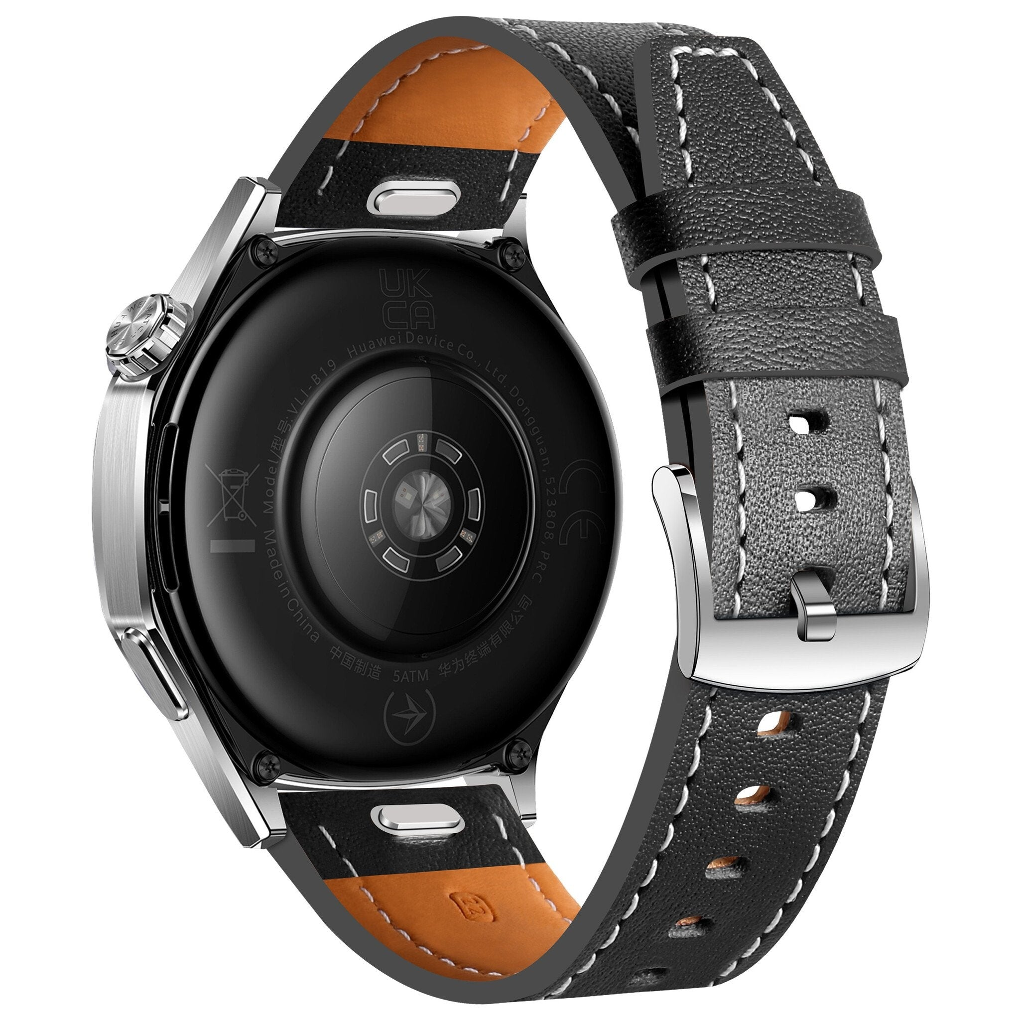 Eine schwarze Smartwatch mit Lederarmband. Die Uhr hat ein silbernes Gehäuse und einen schwarzen Rücken mit Text. Das Band hat weiße Nähte.