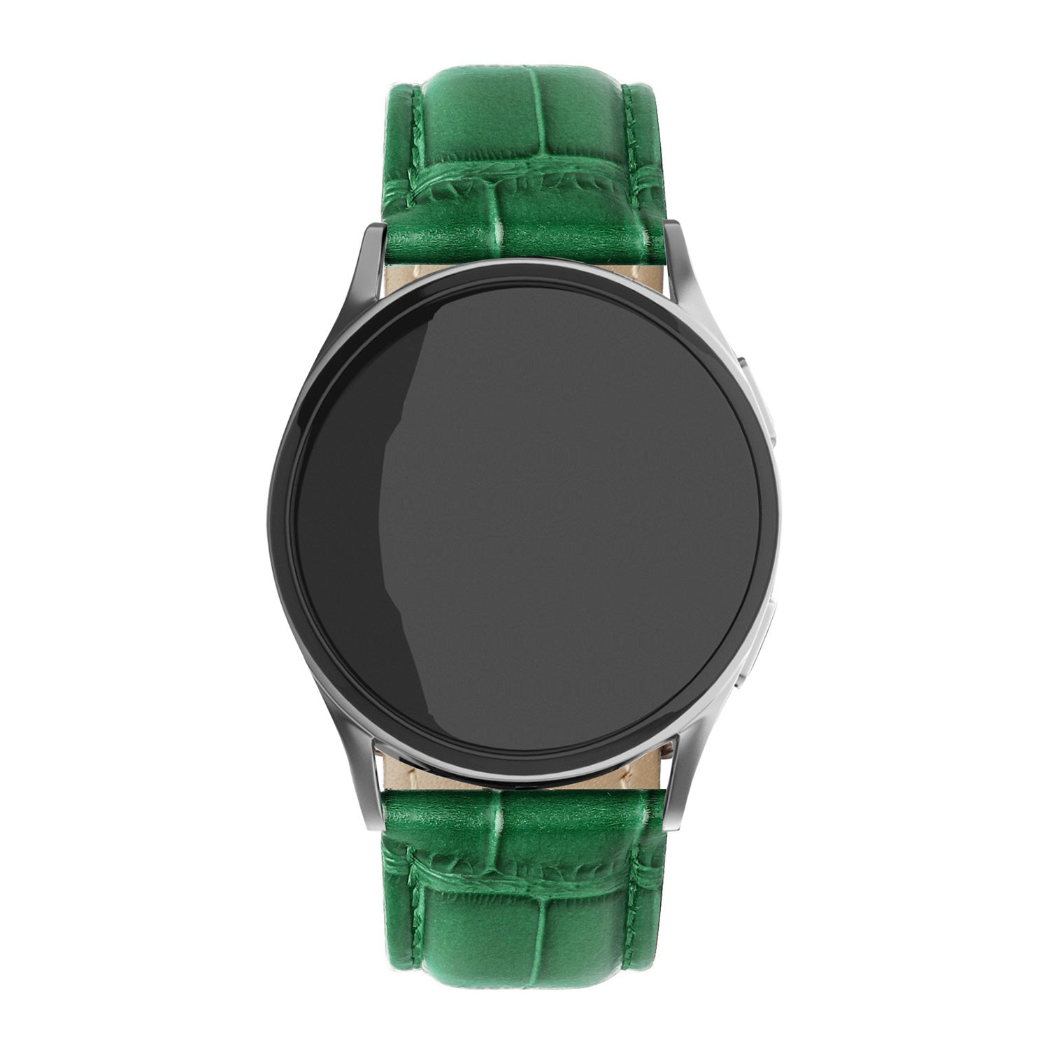 Eine runde Smartwatch mit schwarzem Bildschirm und silbernem Rahmen, grünes Lederarmband. Der Hintergrund ist weiß.
