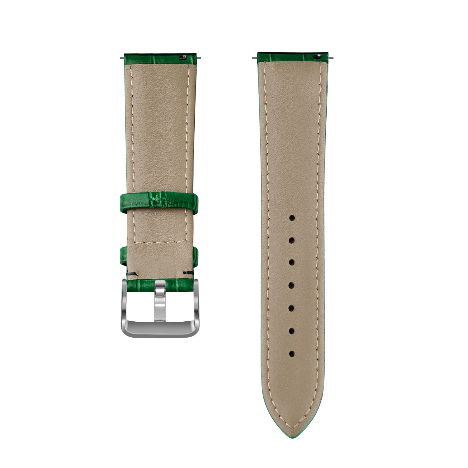 Zwei abgetrennte Uhrenarmbänder. Eines mit Schnalle, das andere mit Löchern. Beide haben grünes Krokodilleder und beiges Innenleder.