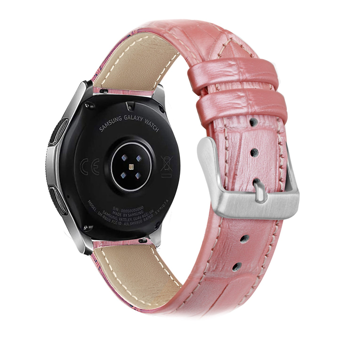 Eine Samsung Galaxy Watch mit einem rosafarbenen Lederarmband wird gezeigt. Die Uhr ist schwarz mit silbernen Akzenten und das Armband ist strukturiert.