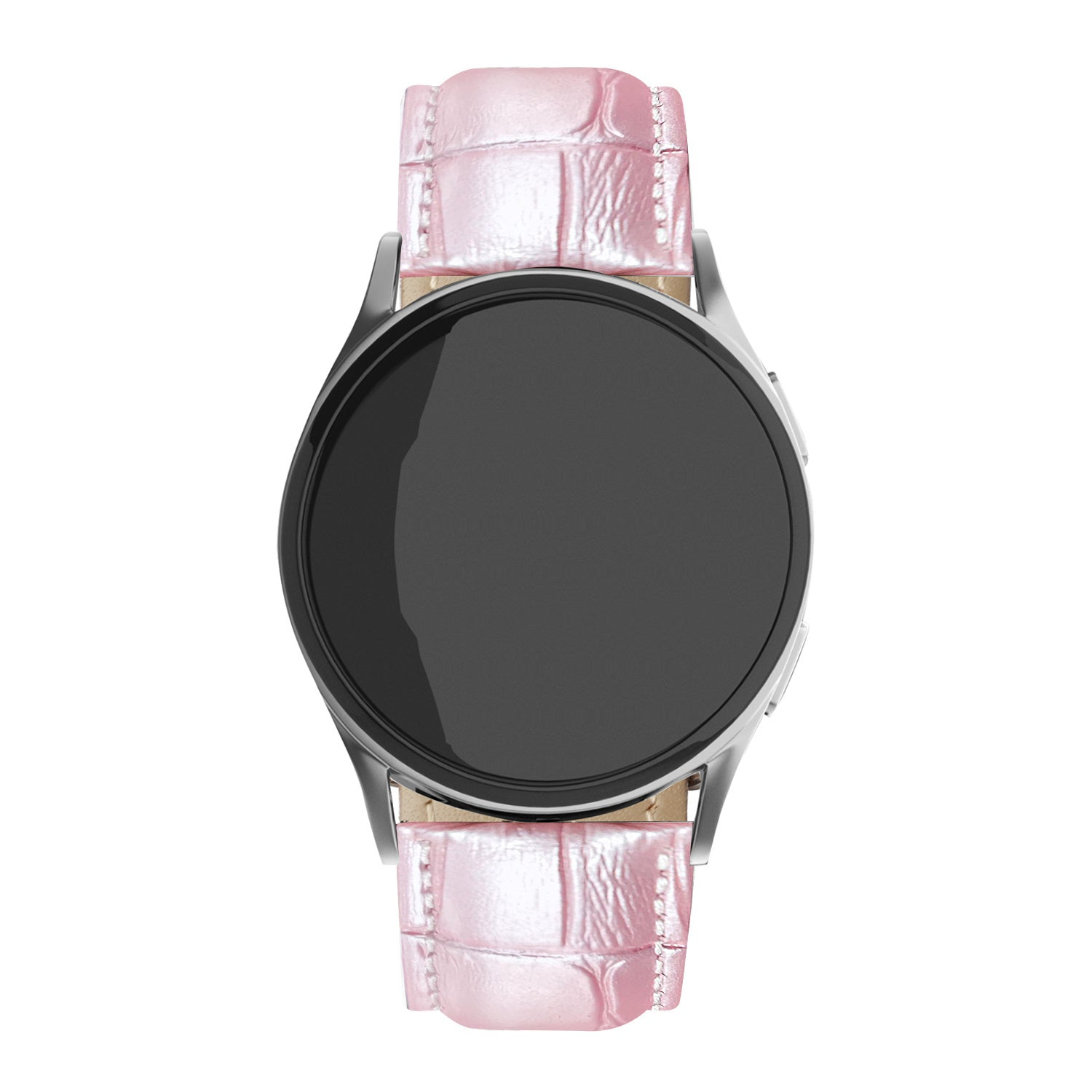 Eine Smartwatch mit schwarzem Bildschirm und hellrosa Lederarmband. Die Uhr hat einen silbernen Rahmen. Der Hintergrund ist weiß.