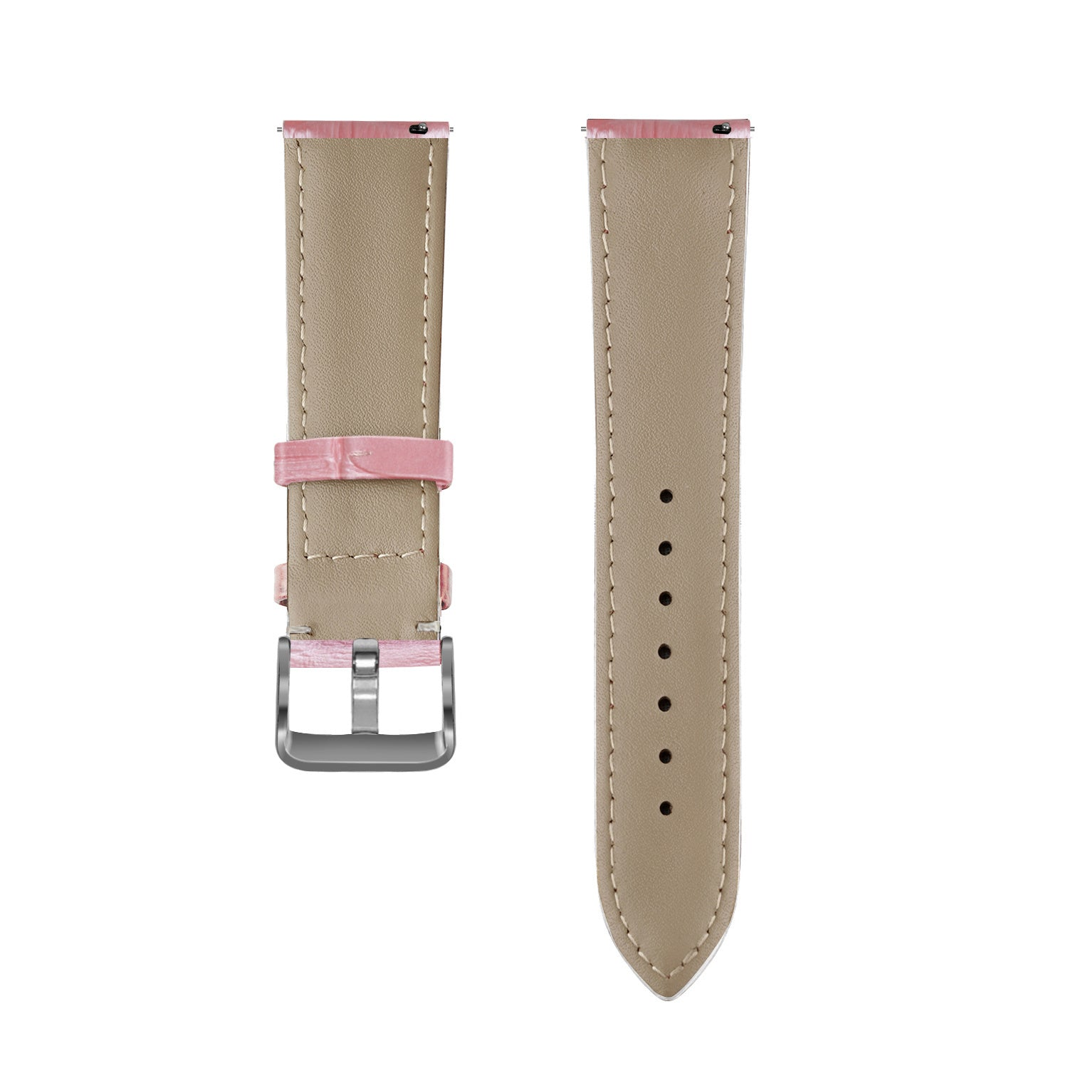 Zwei beige Uhrenarmbänder mit rosa Akzenten, eines mit Schnalle und das andere mit Löchern, vor weißem Hintergrund.