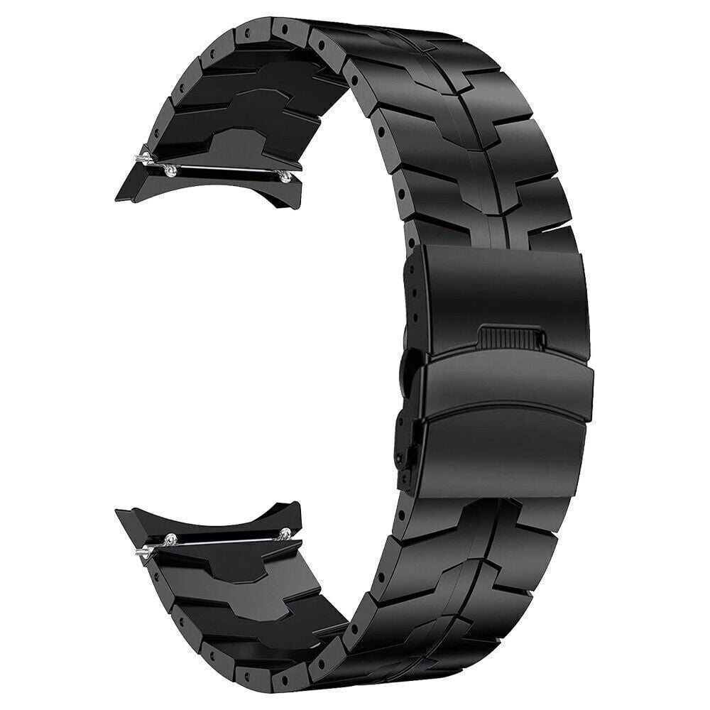 Ein schwarzes Uhrenarmband mit Verschluss ist gebogen. Es besteht aus verbundenen Abschnitten, und der Verschluss ist geschlossen.
