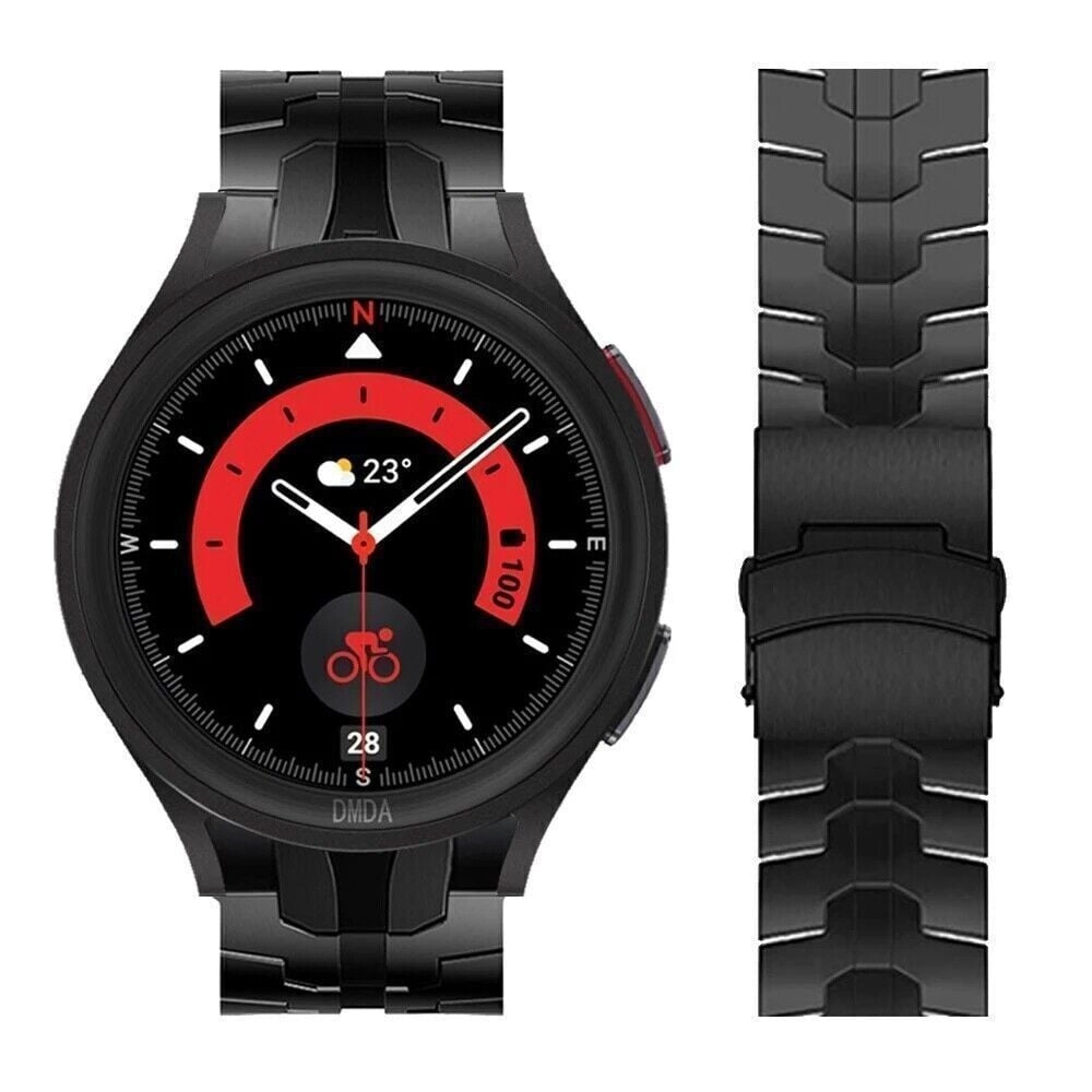 Eine schwarze Smartwatch mit passendem Armband, der Bildschirm zeigt Uhrzeit, Temperatur und ein Fahrradsymbol an. Akkuladung wird angezeigt.