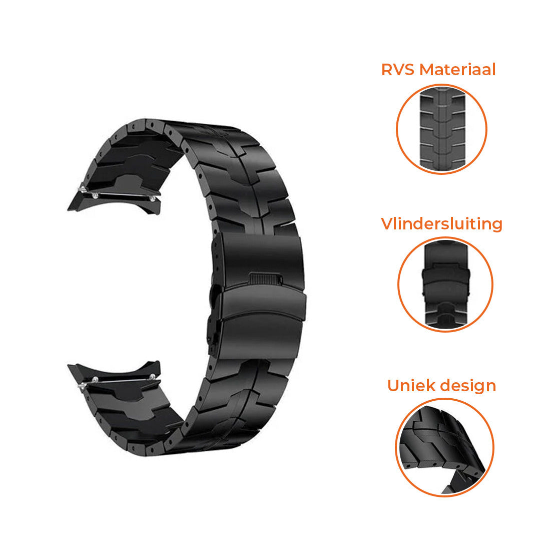 Ein schwarzes Armband wird gezeigt, mit drei kreisförmigen Einsätzen, die Designdetails, Material und Verschlussart vor weißem Hintergrund zeigen.