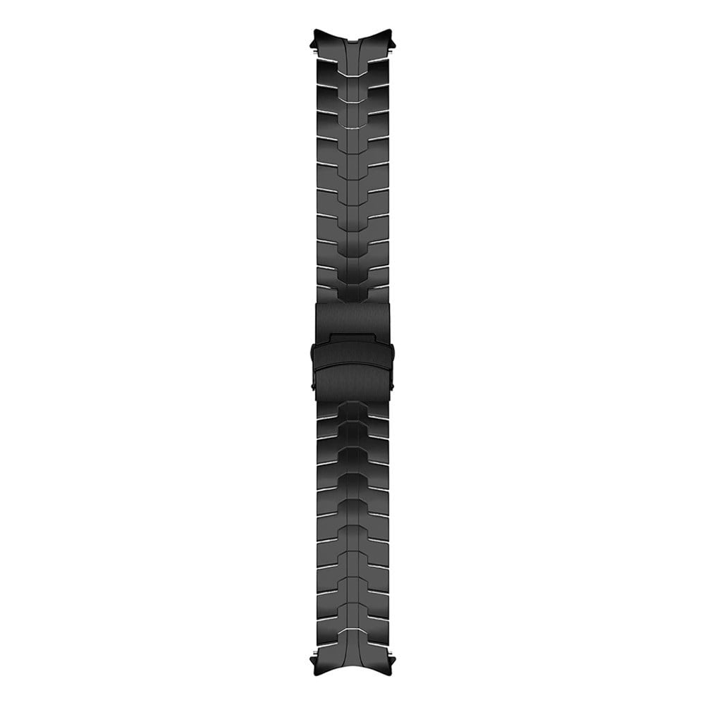 Ein schwarzes Uhrenarmband liegt vertikal, zentriert auf weißem Hintergrund. Es hat einen Metallverschluss und eine Reihe von Verbindungsgliedern.