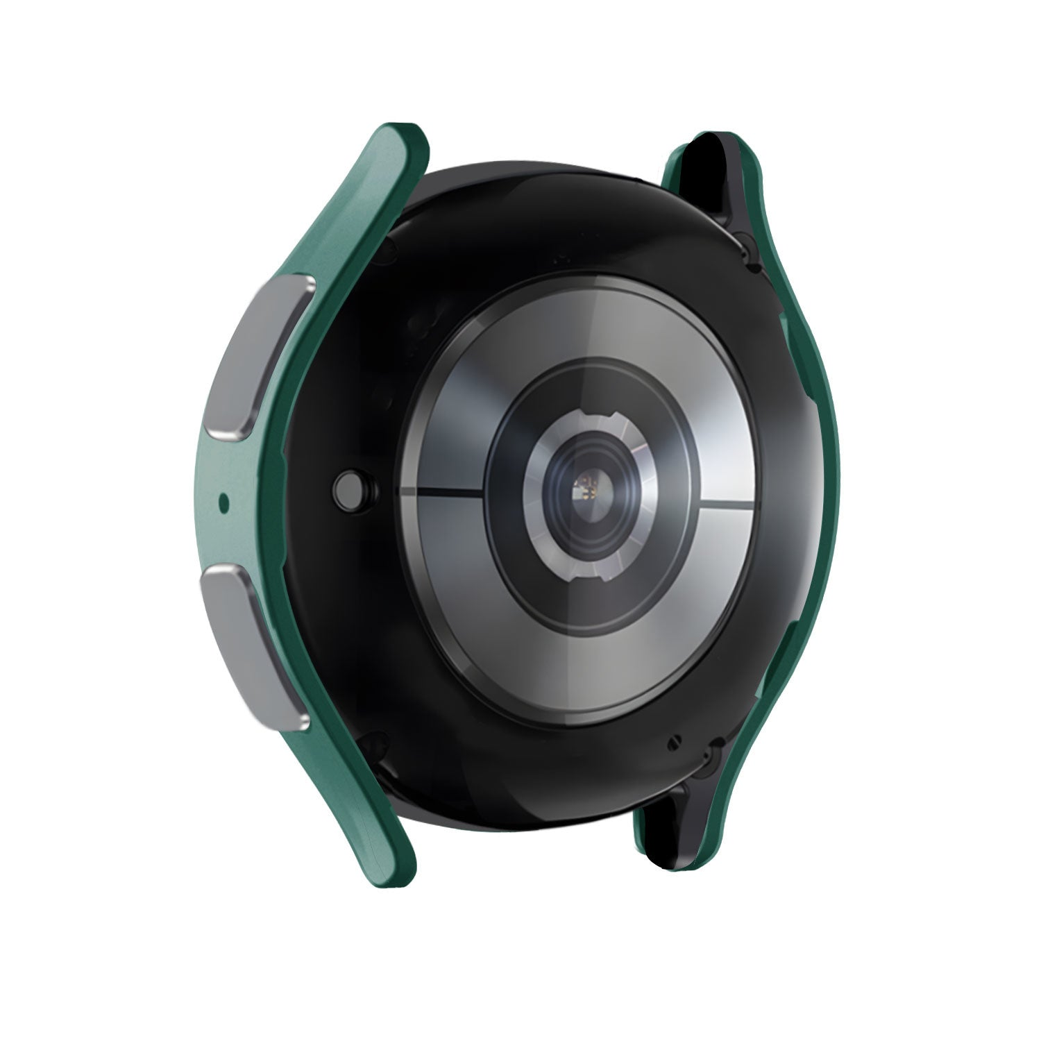 Schwarze Smartwatch-Rückseite mit grünem Armband. Silberner Kameraring und Tasten sichtbar. Isoliert auf weißem Hintergrund.