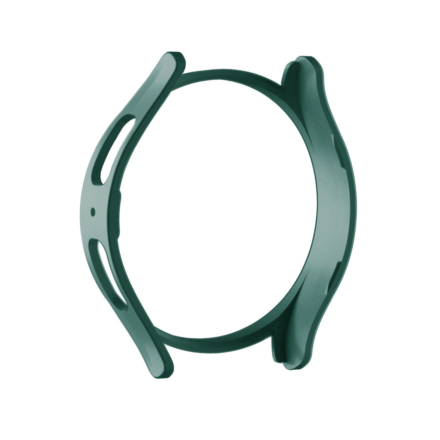 Ein teal-farbener Uhrengehäuseschutz. Das offen gestaltete Gehäuse hat zwei Arme auf beiden Seiten und ein kreisförmiges Band.
