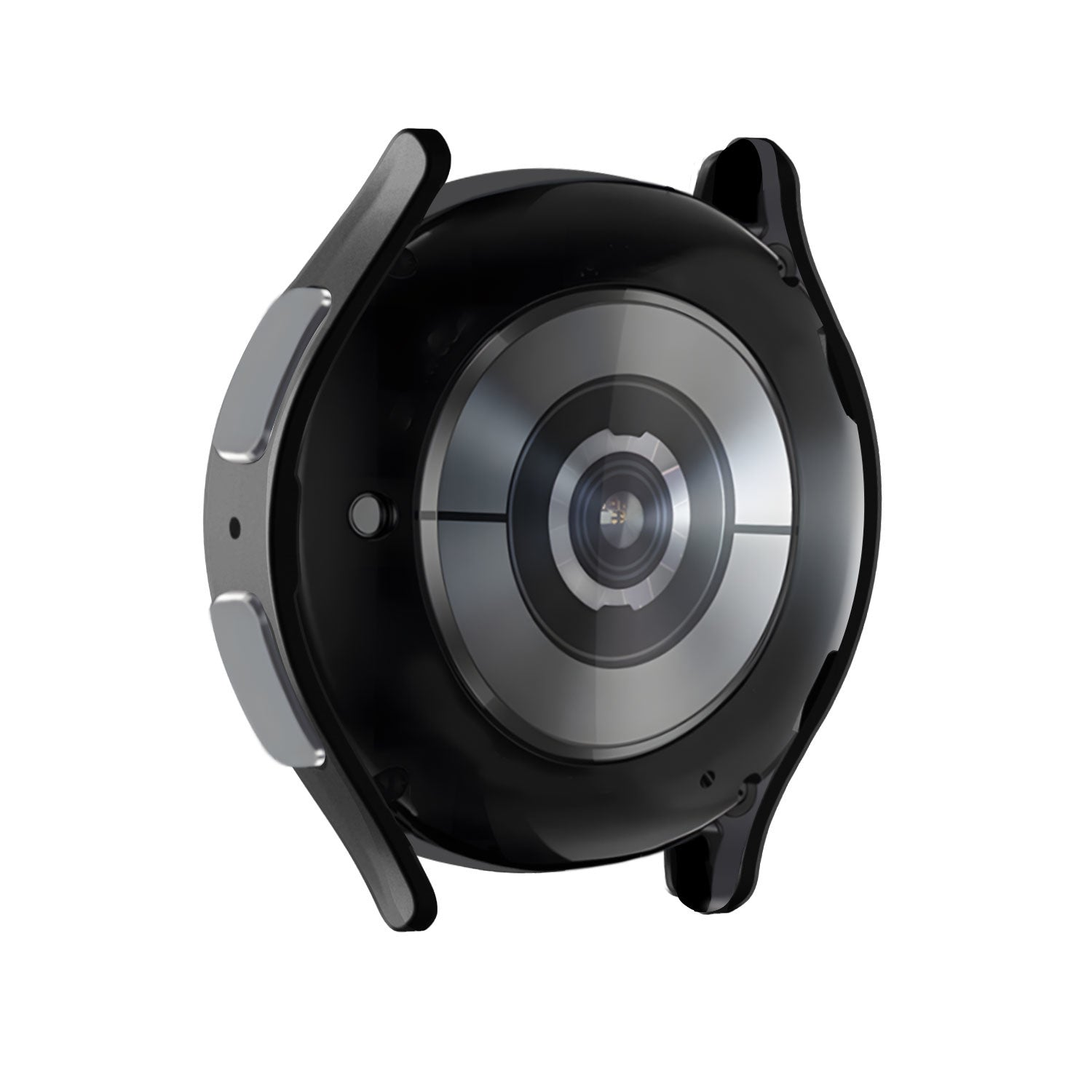 Schwarze Smartwatch-Rückseite. Silberne und schwarze Knöpfe und Akzente. Kameralinse in der Mitte. Weißer Hintergrund.