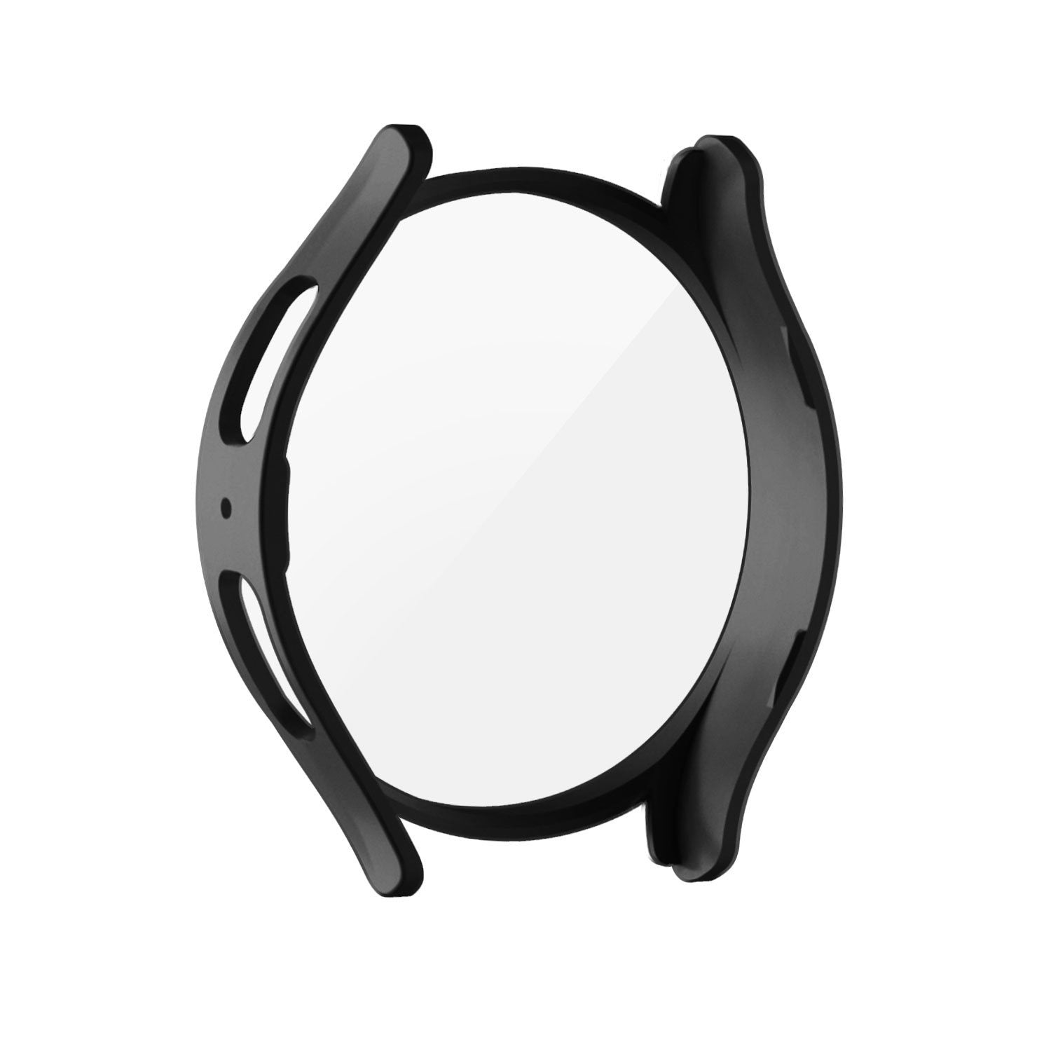 Eine schwarze Lünette mit einem transparenten, kreisförmigen Bildschirmschutz. Die Lünette hat ein geschwungenes Design mit Öffnungen an den Seiten.